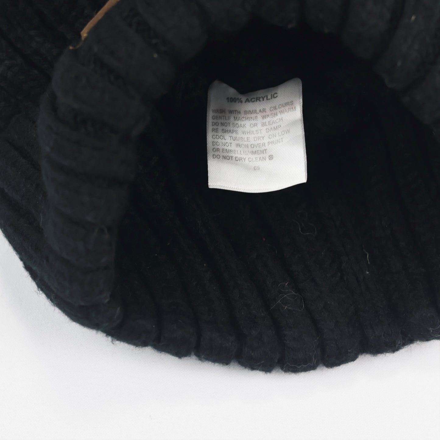 FURTALK Black Ribbed Knit Thrifted Beanie with Tan Faux Fur Pom Pom