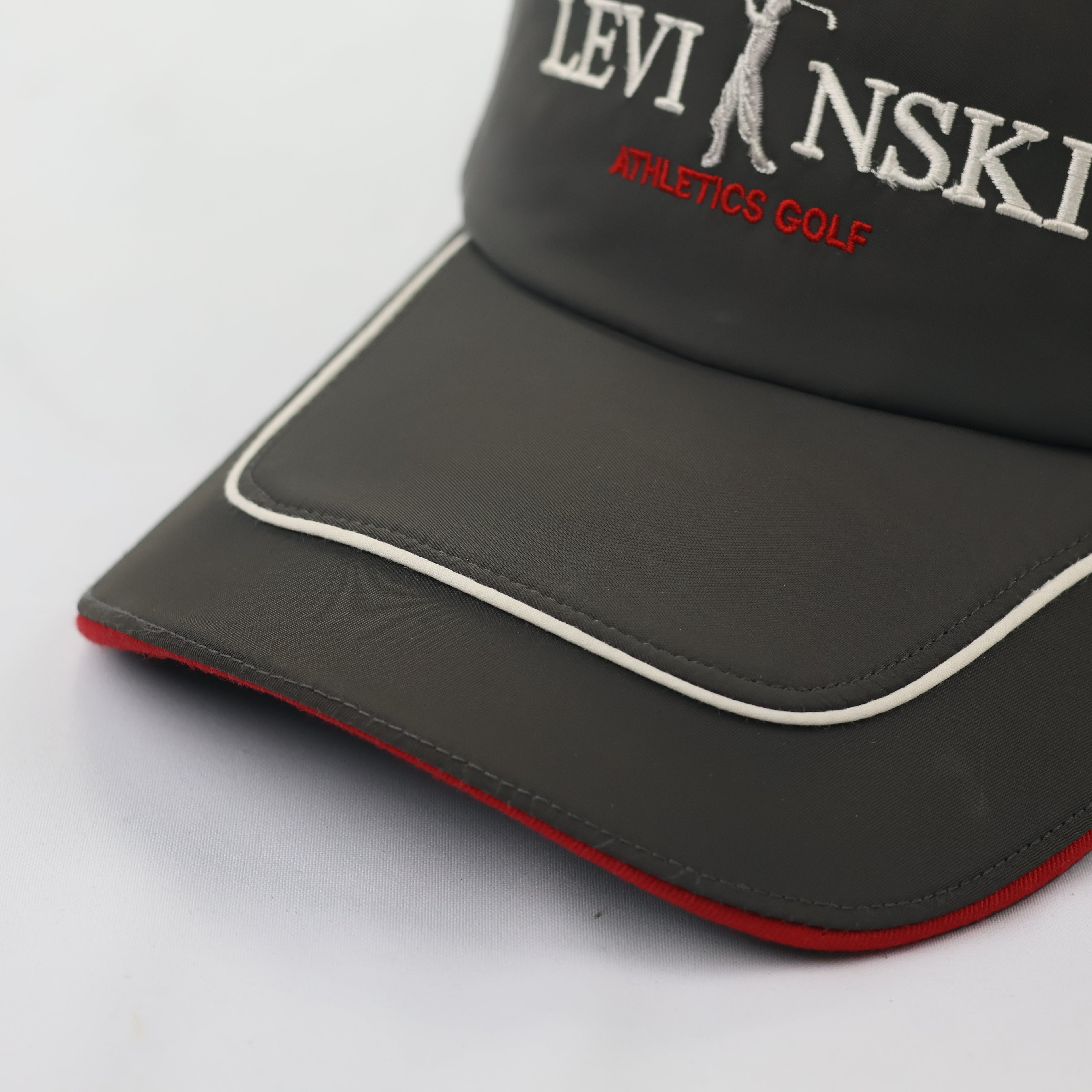 Levinski Athletics Grey Nylon-Feel Thrifted Cap with Contrast Red Brim