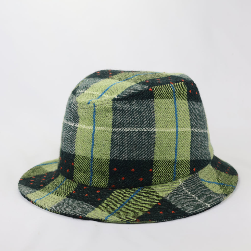 Plaid Wool-Mix Streetwear Bucket Hat - Green/Blue/Red Dotted Pattern