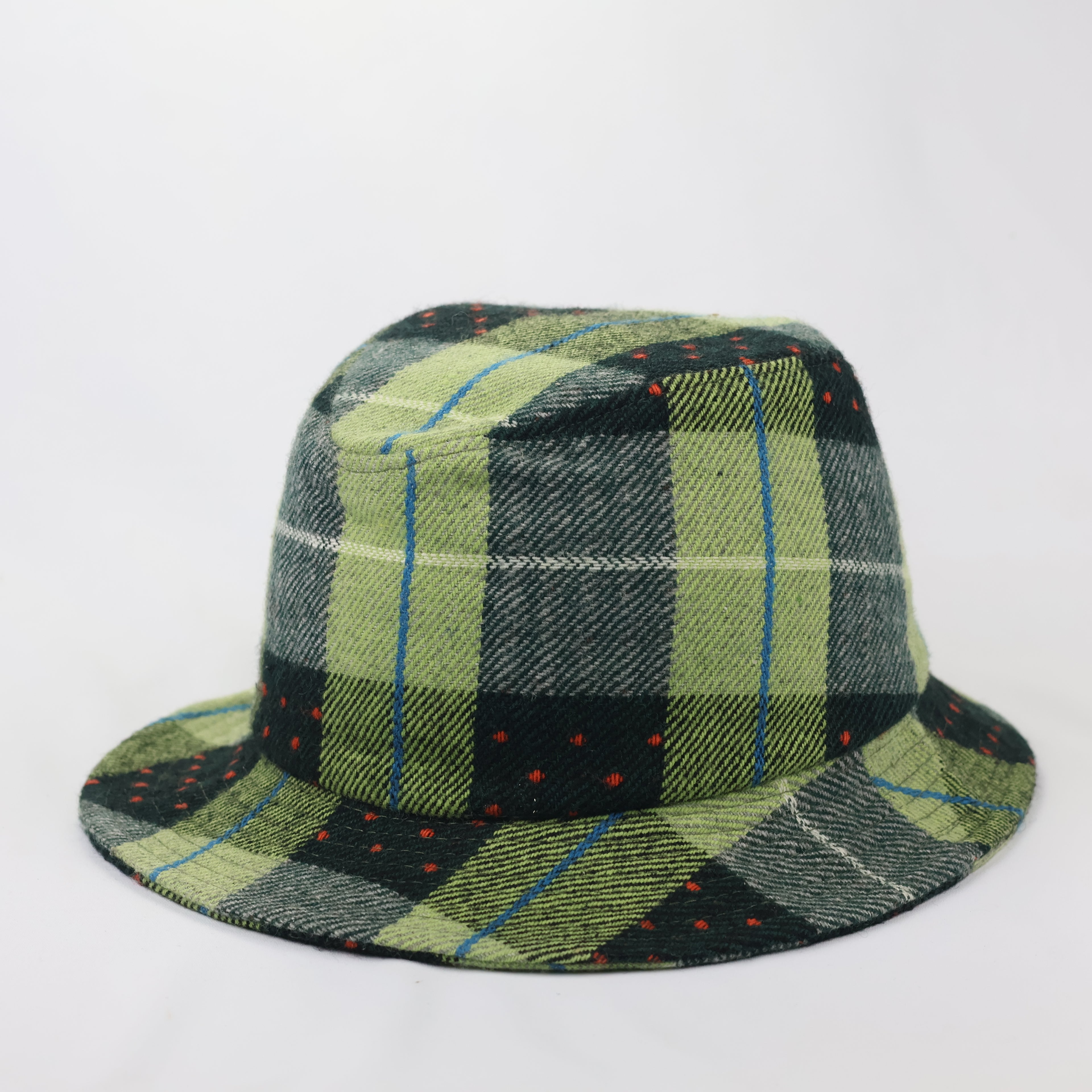 Plaid Wool-Mix Streetwear Bucket Hat - Green/Blue/Red Dotted Pattern