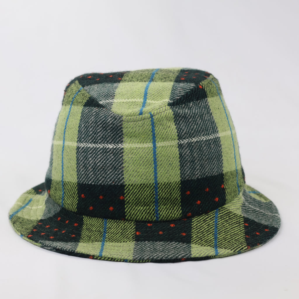 Plaid Wool-Mix Streetwear Bucket Hat - Green/Blue/Red Dotted Pattern