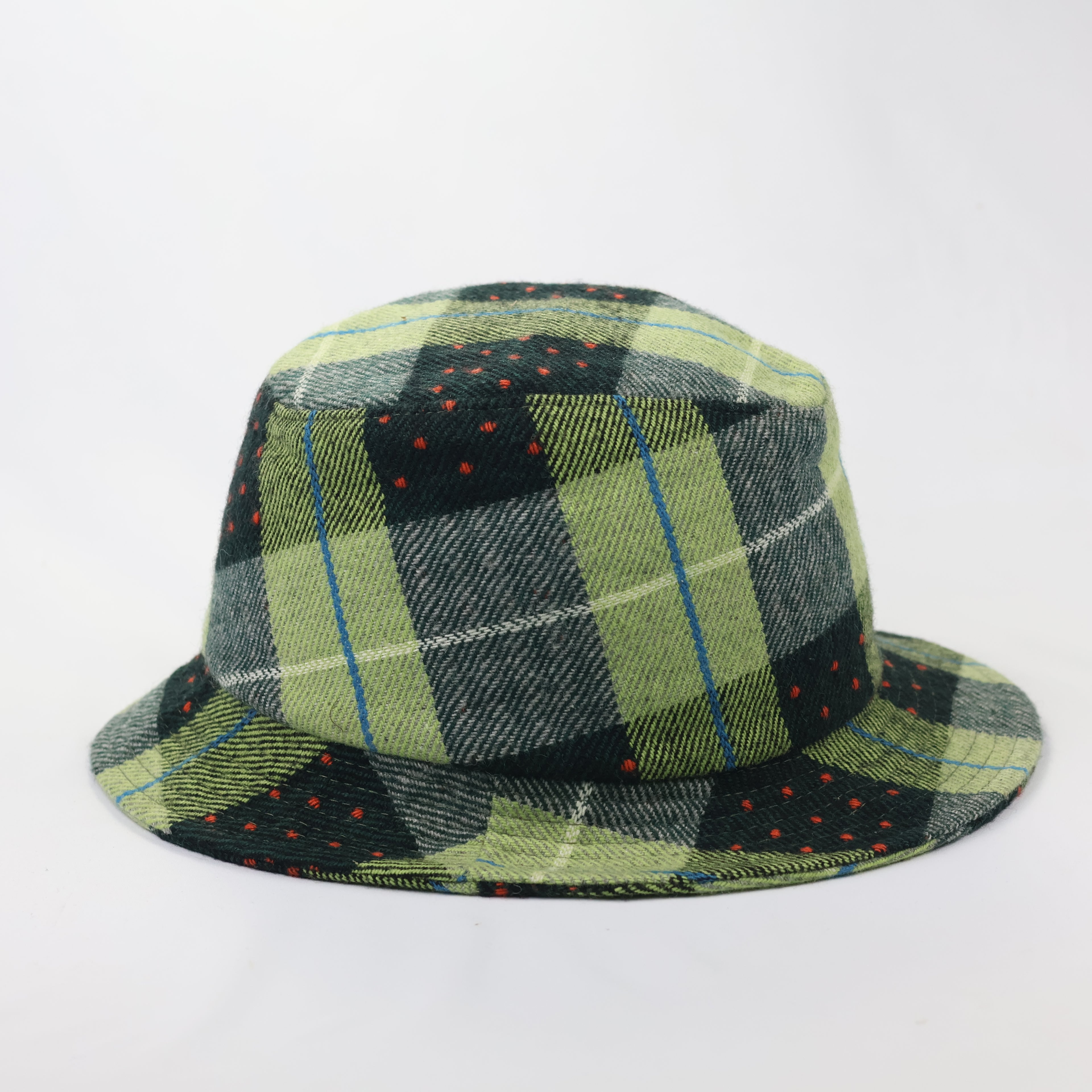 Plaid Wool-Mix Streetwear Bucket Hat - Green/Blue/Red Dotted Pattern