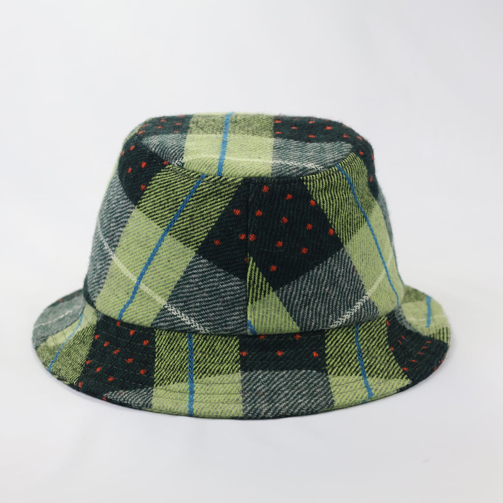 Plaid Wool-Mix Streetwear Bucket Hat - Green/Blue/Red Dotted Pattern