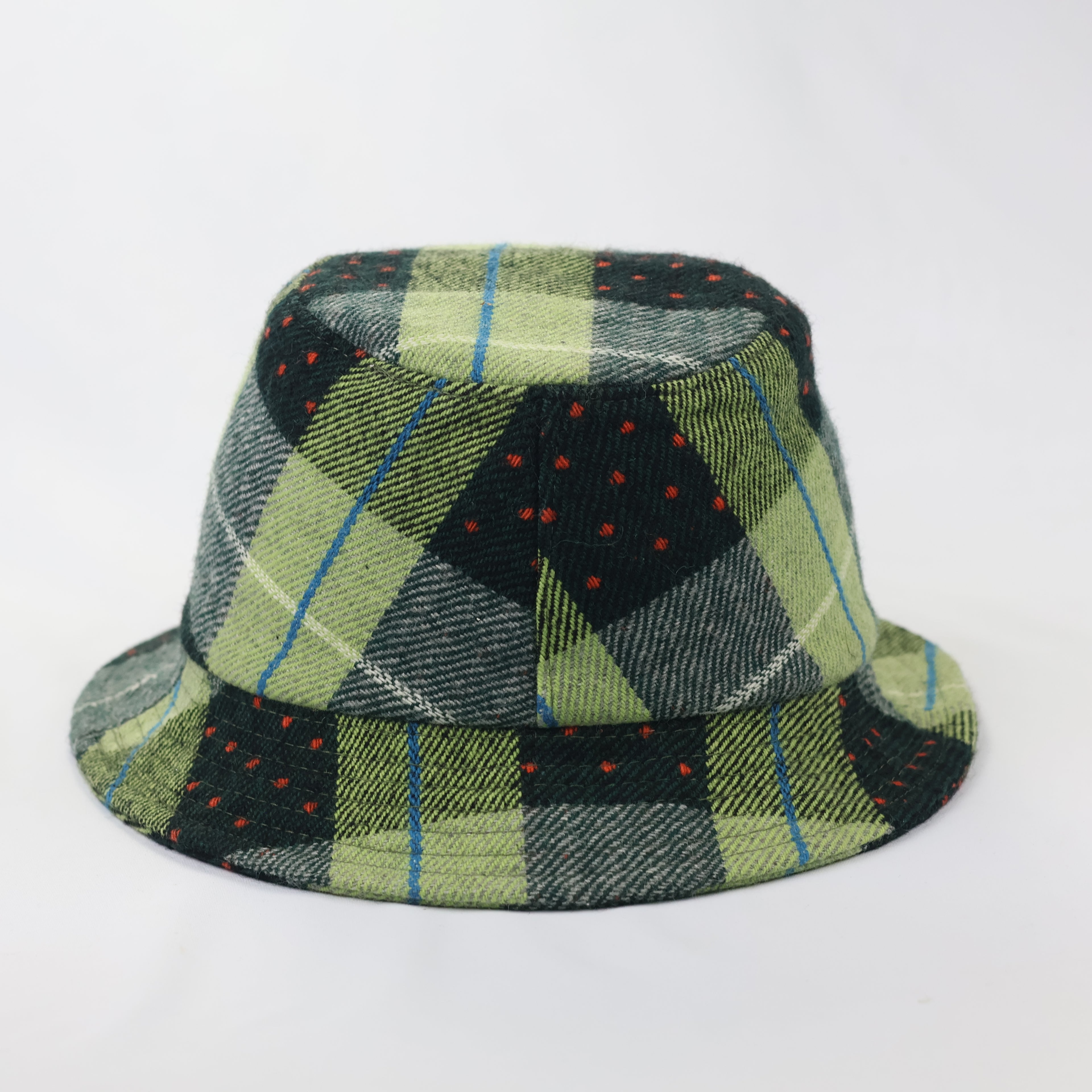 Plaid Wool-Mix Streetwear Bucket Hat - Green/Blue/Red Dotted Pattern