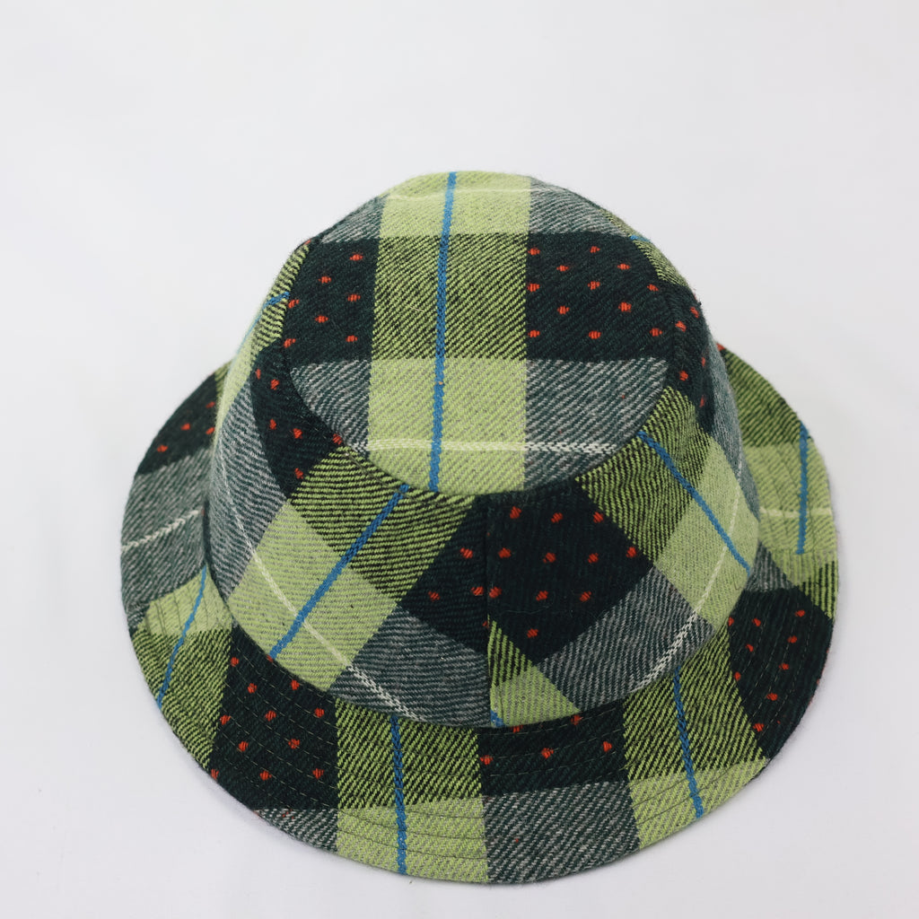 Plaid Wool-Mix Streetwear Bucket Hat - Green/Blue/Red Dotted Pattern
