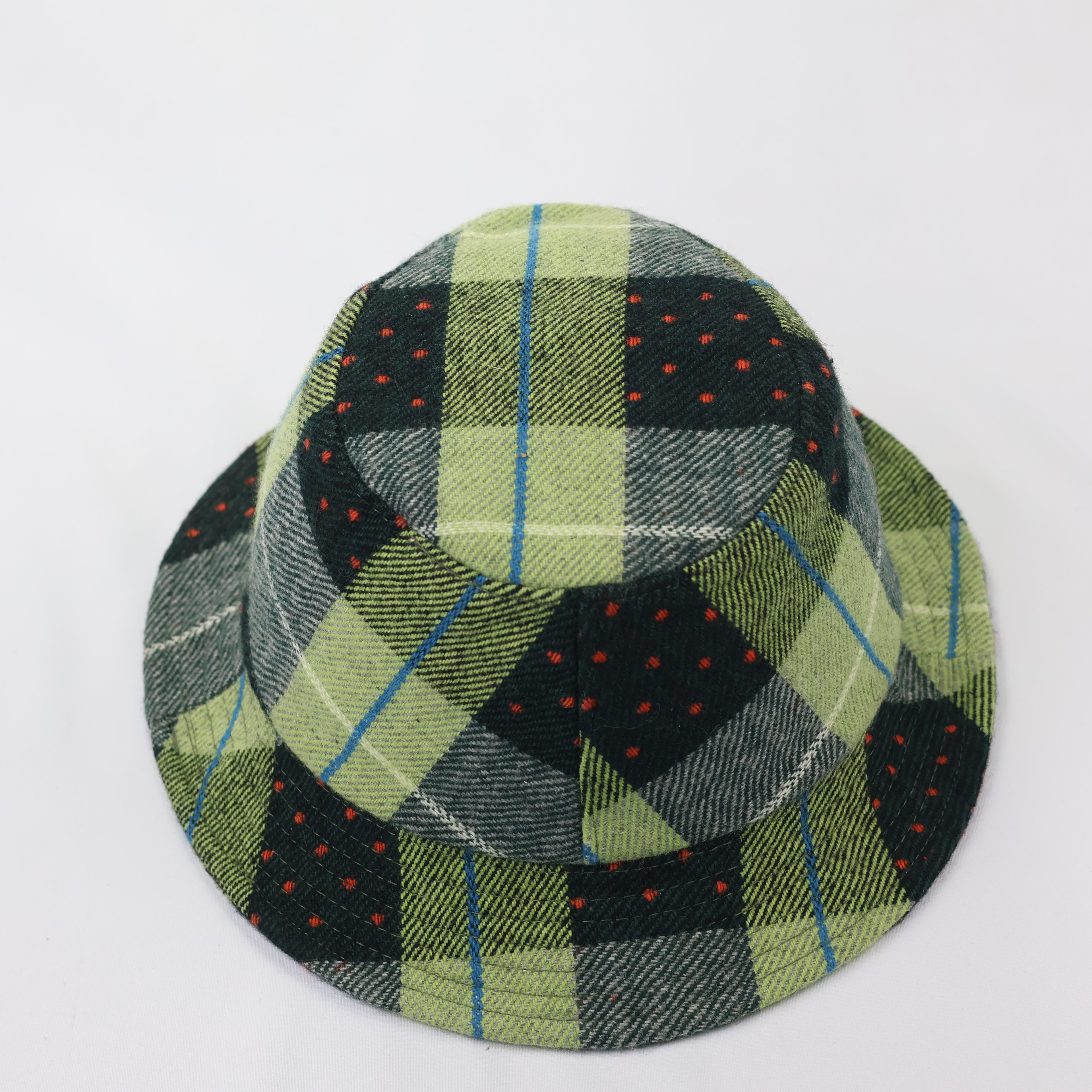 Plaid Wool-Mix Streetwear Bucket Hat - Green/Blue/Red Dotted Pattern