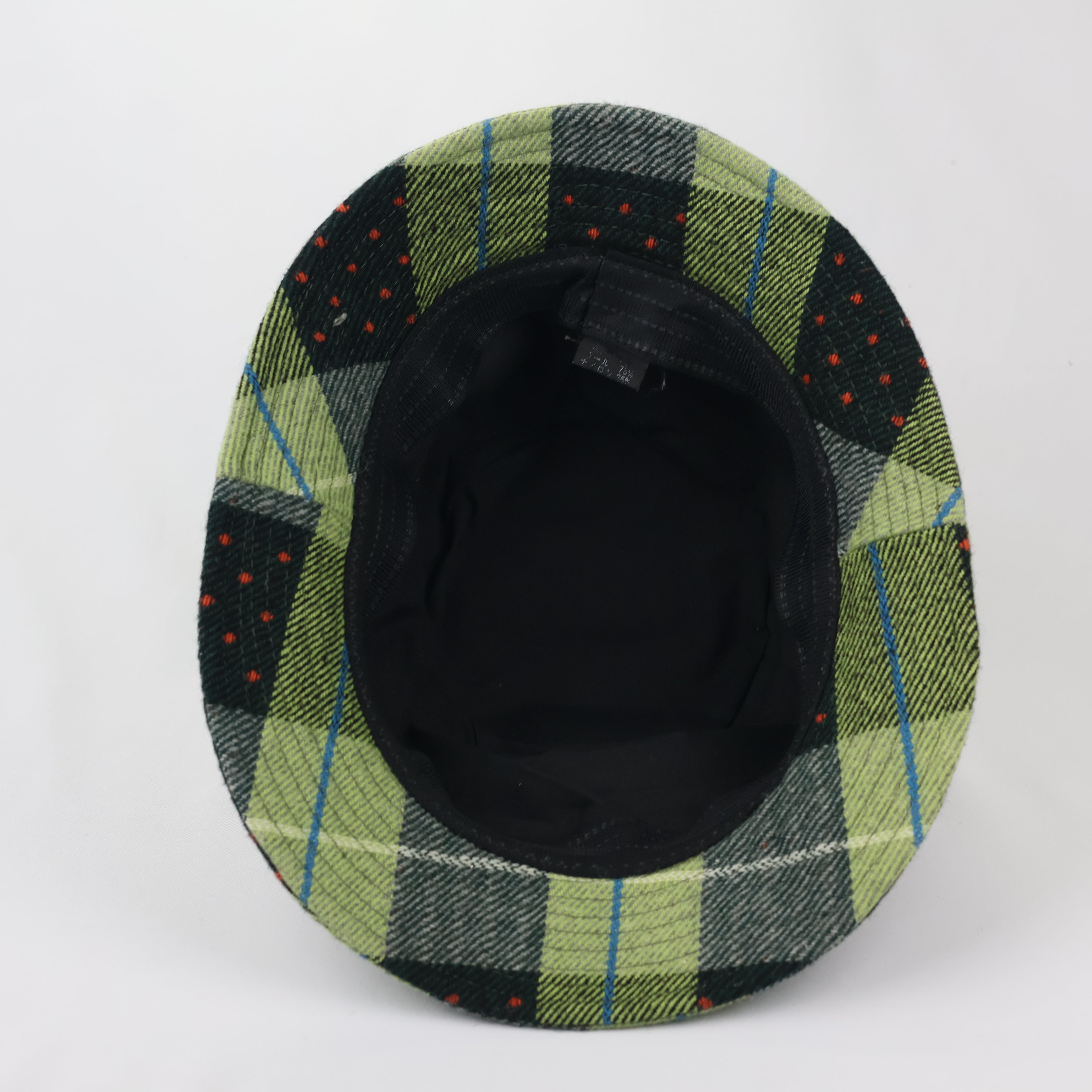 Plaid Wool-Mix Streetwear Bucket Hat - Green/Blue/Red Dotted Pattern