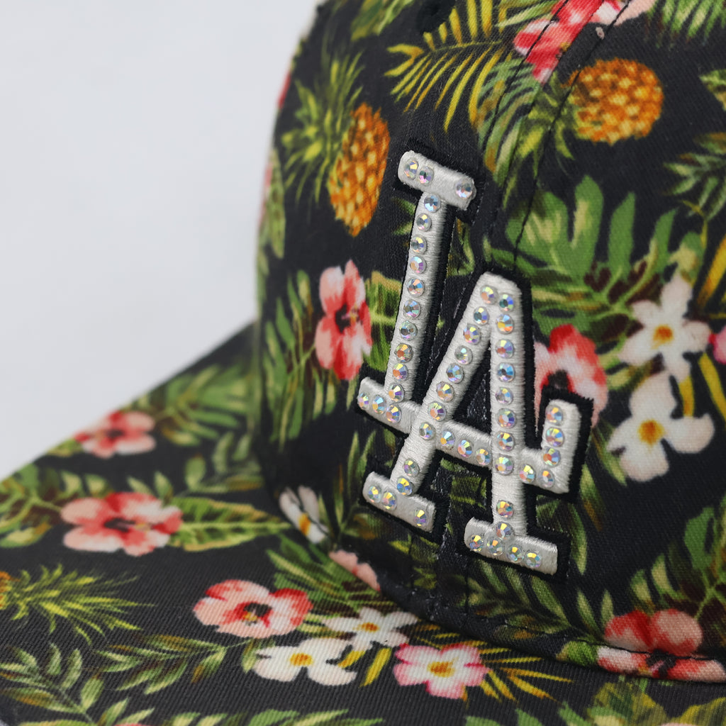 MLB Los Angeles Dodgers Floral Tropical Print Thrifted Snapback - Bling LA Logo