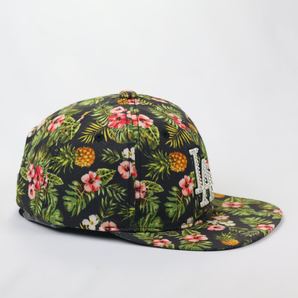 MLB Los Angeles Dodgers Floral Tropical Print Thrifted Snapback - Bling LA Logo