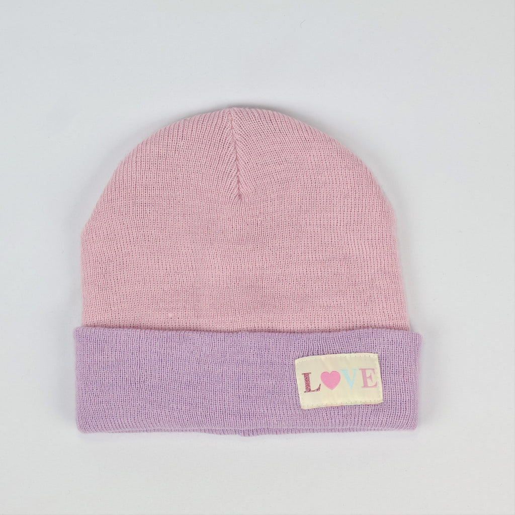 Primark Cares Pink & Lilac Knit Beanie - Girls LOVE Patch Hat (Size S/M)