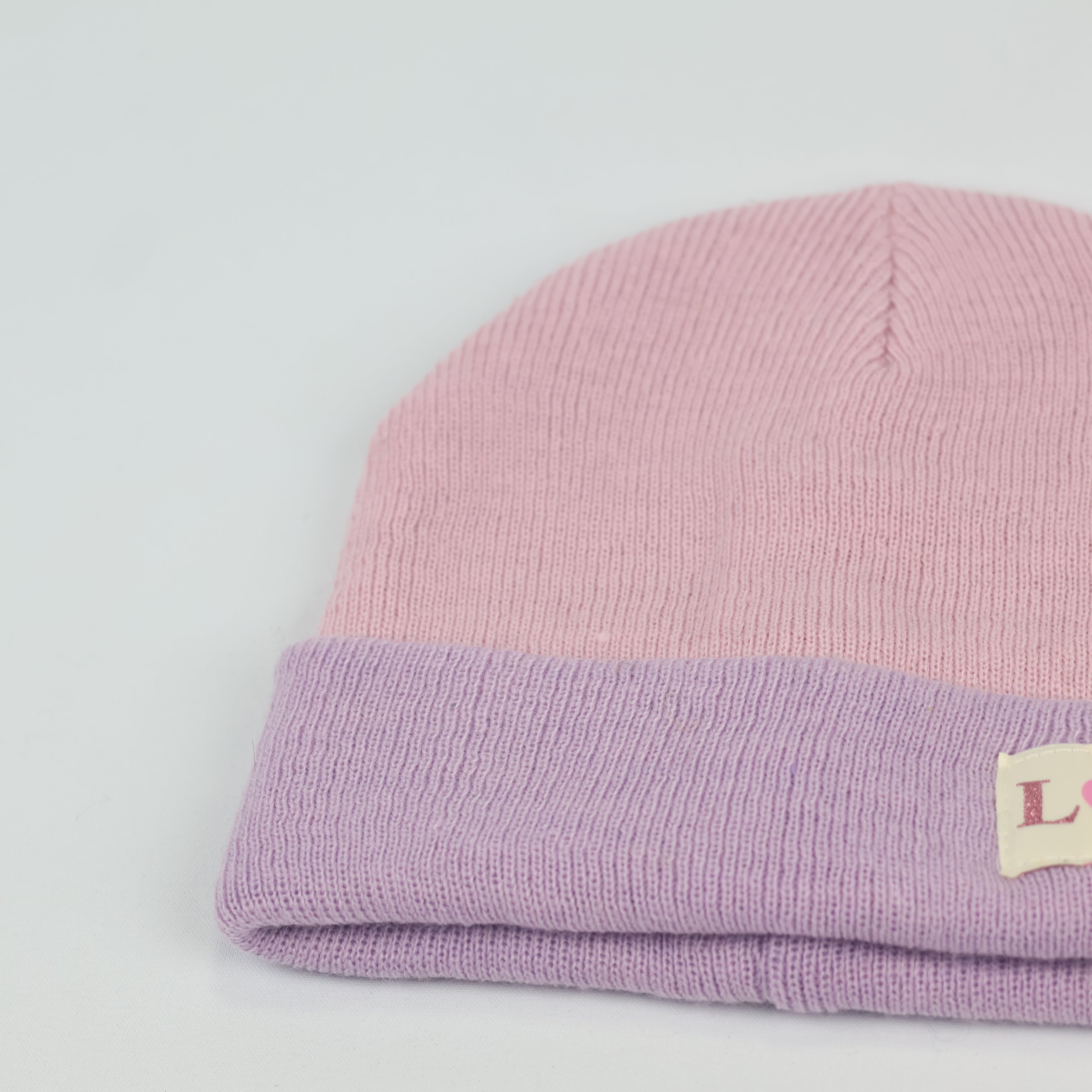 Primark Cares Pink & Lilac Knit Beanie - Girls LOVE Patch Hat (Size S/M)