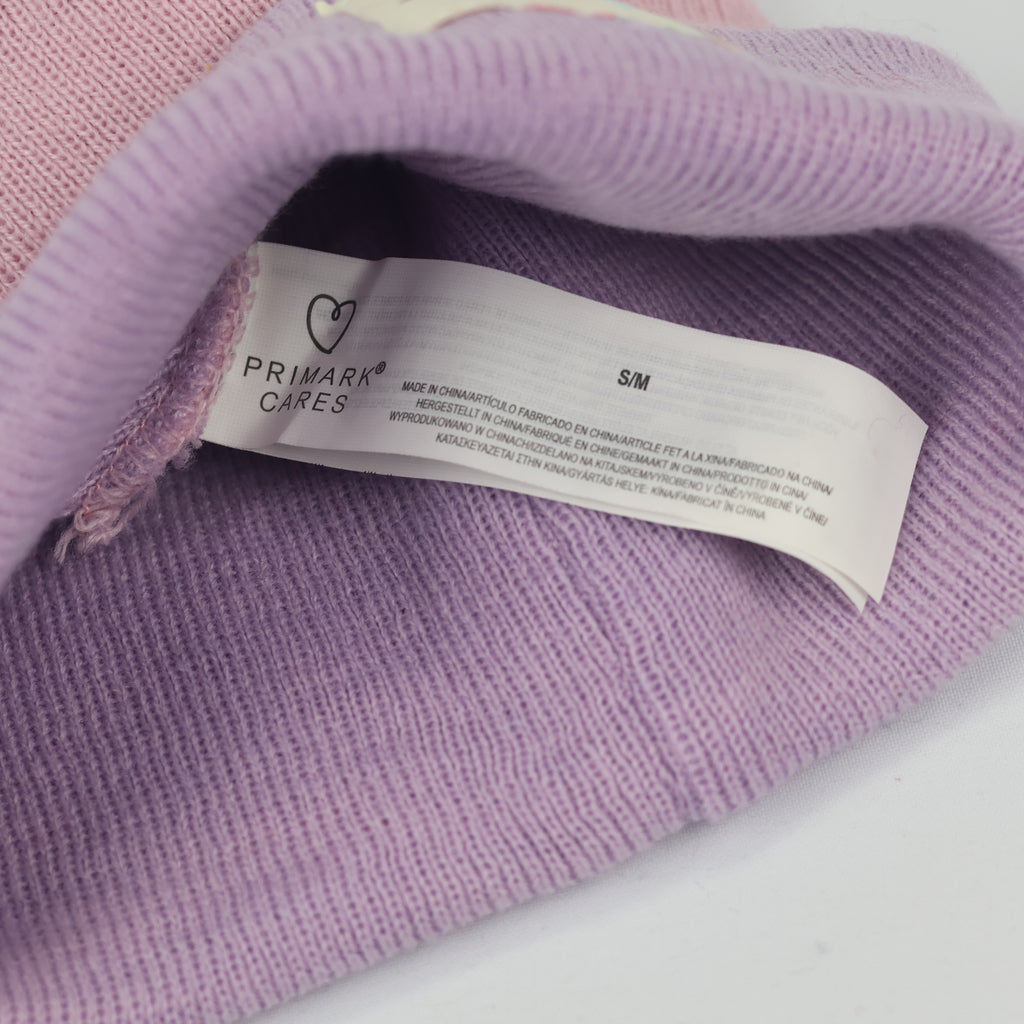 Primark Cares Pink & Lilac Knit Beanie - Girls LOVE Patch Hat (Size S/M)