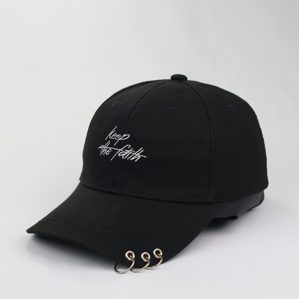 "Keep the Faith" Script Embroidered Cap with Metal Rings