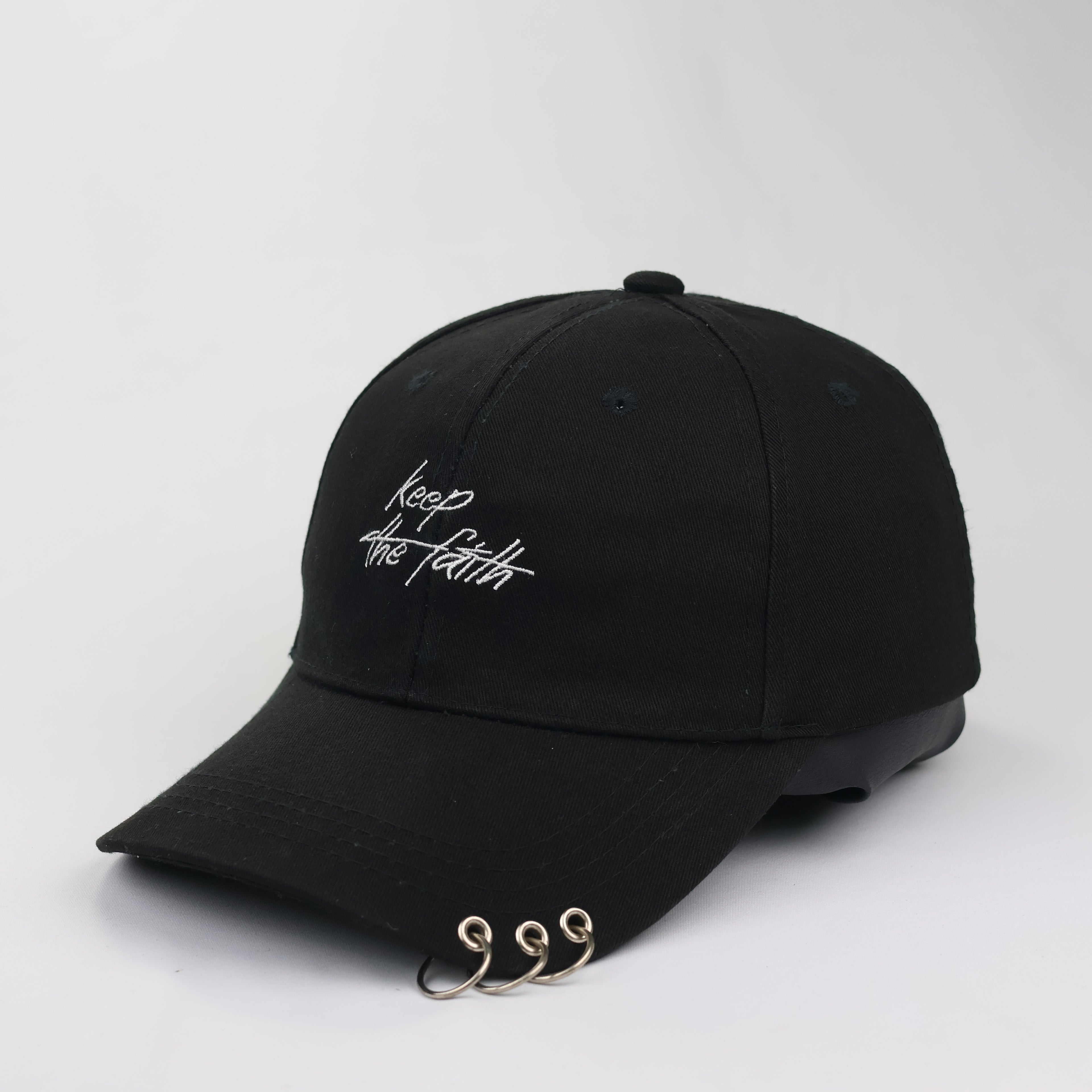 "Keep the Faith" Script Embroidered Cap with Metal Rings