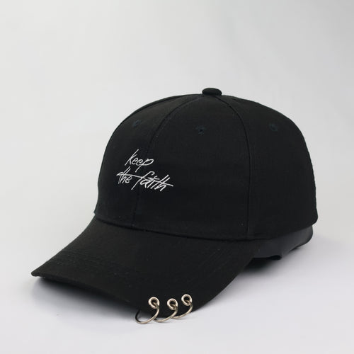 "Keep the Faith" Script Embroidered Cap with Metal Rings