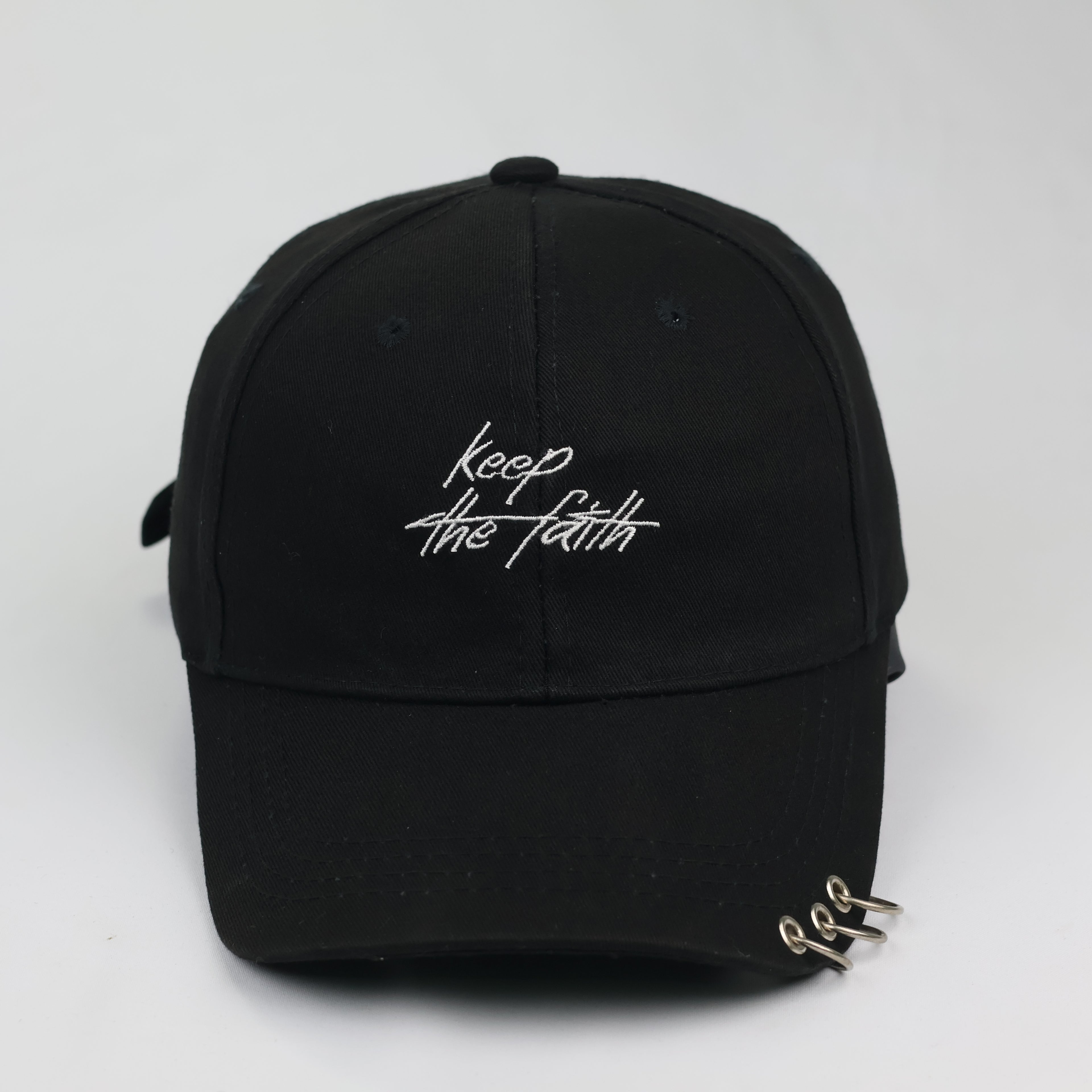 "Keep the Faith" Script Embroidered Cap with Metal Rings