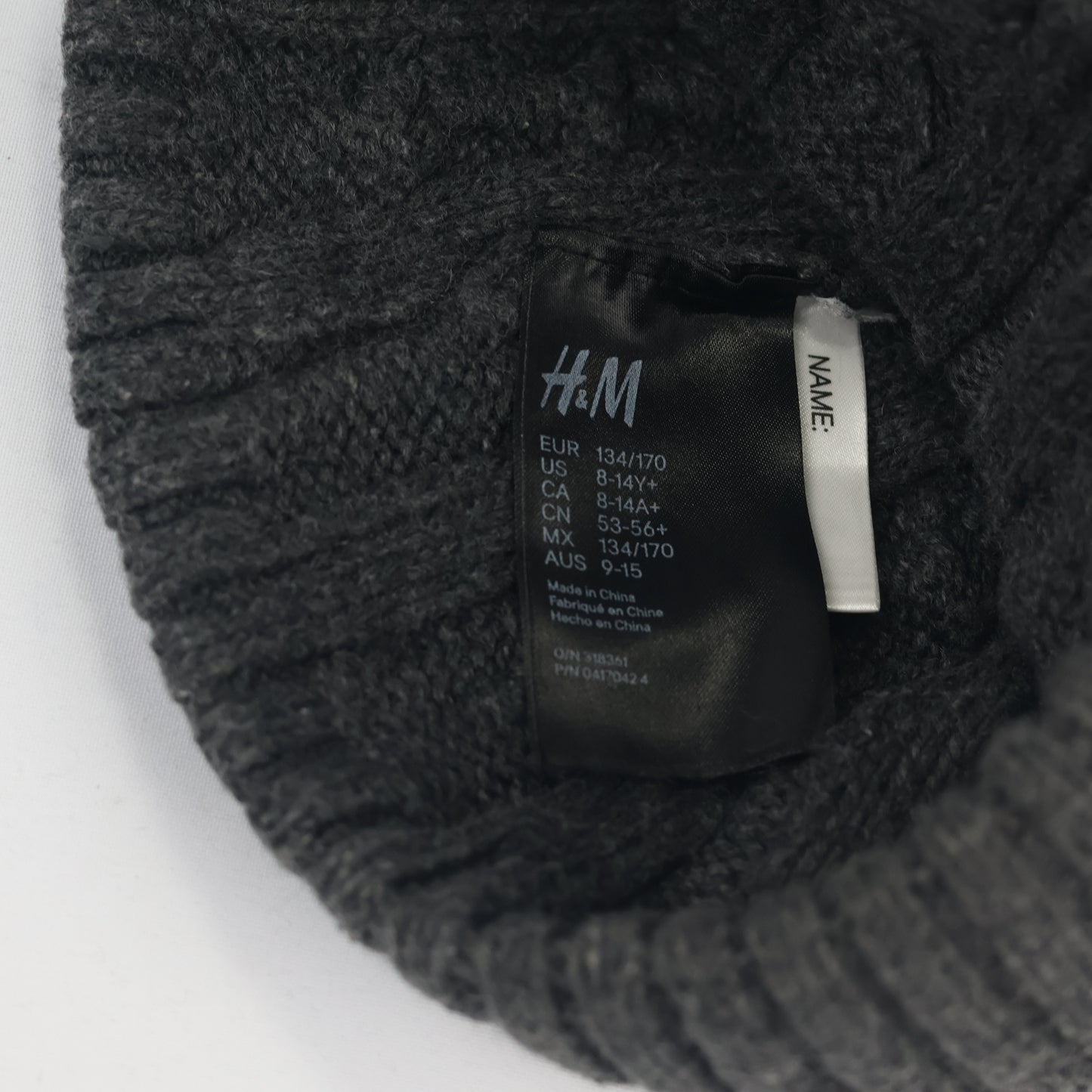 H&M Dark Grey Cable Knit Thrifted Beanie - Youth / Junior Winter Hat