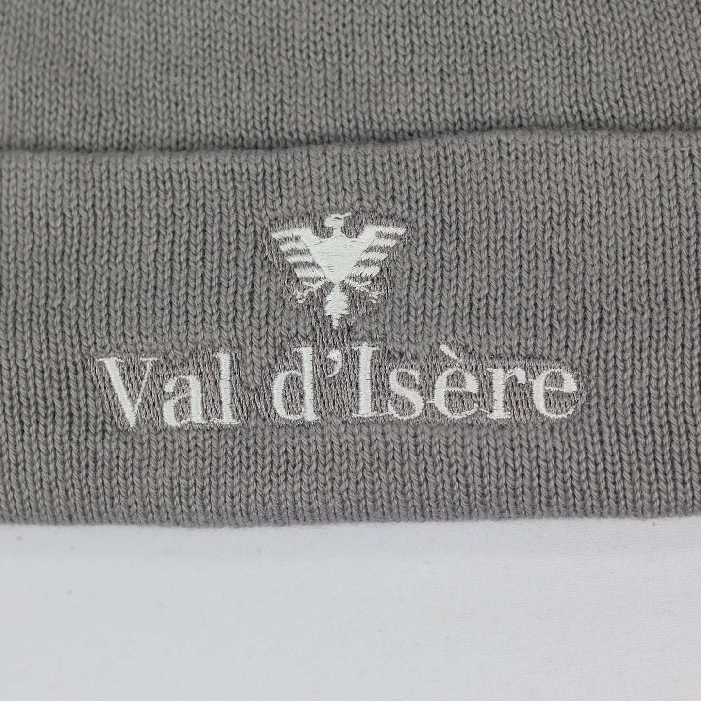 Atlantis Val d'Isère Grey Knit Thrifted Beanie - Embroidered Ski Resort Winter Hat
