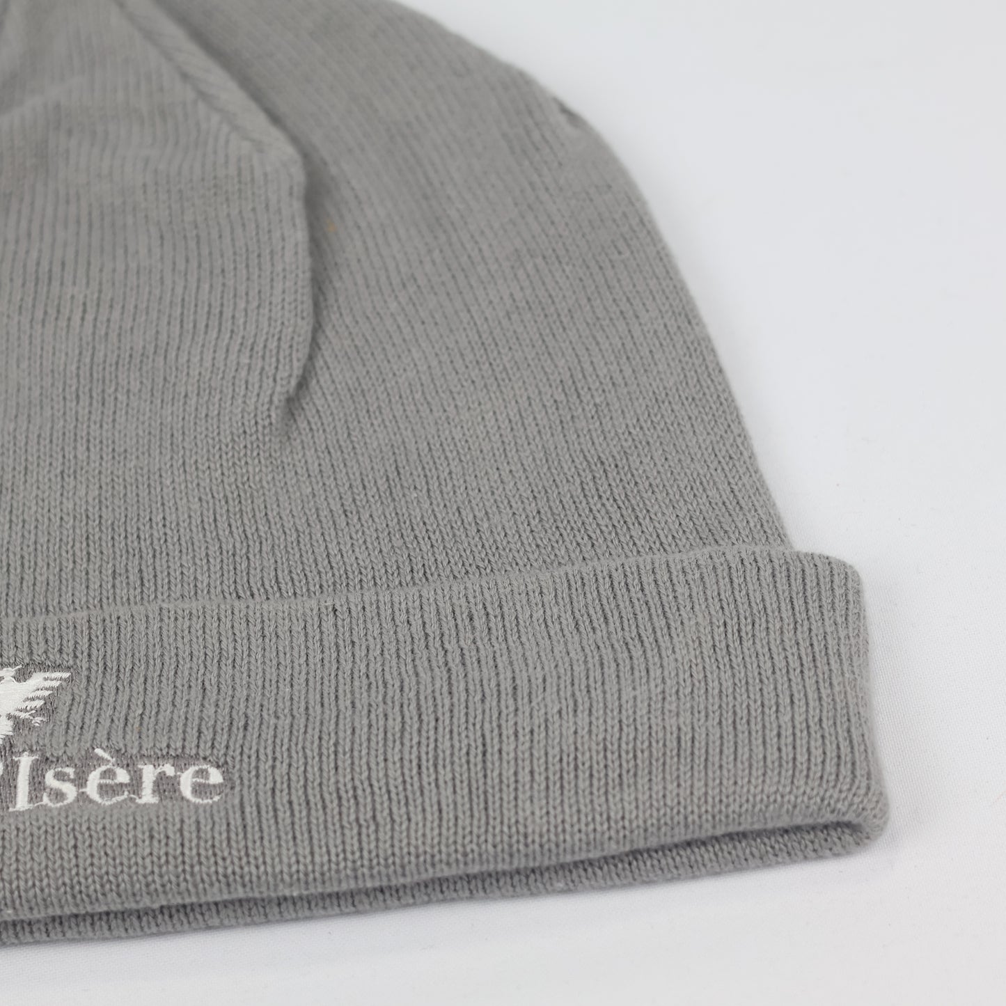 Atlantis Val d'Isère Grey Knit Thrifted Beanie - Embroidered Ski Resort Winter Hat