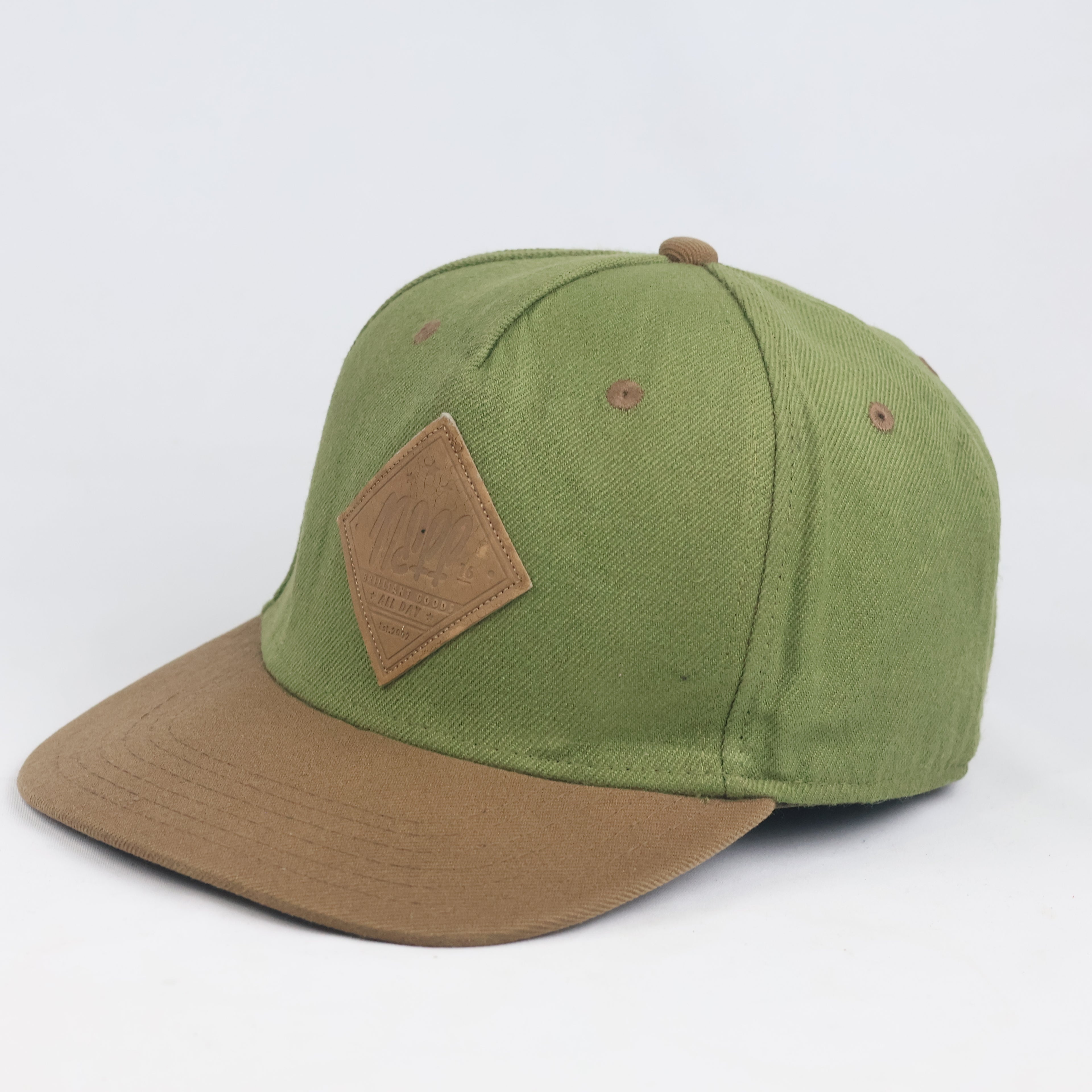 Thrifted Neff Two-Tone Olive & Brown Snapback Hat | Faux Leather Logo Cap