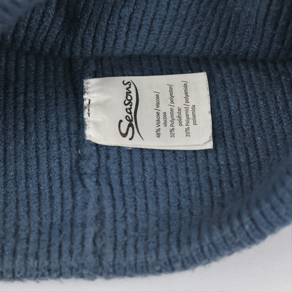 Seasons Soft Viscose Blend Blue Thrifted Beanie - Tonal Patch Winter Hat