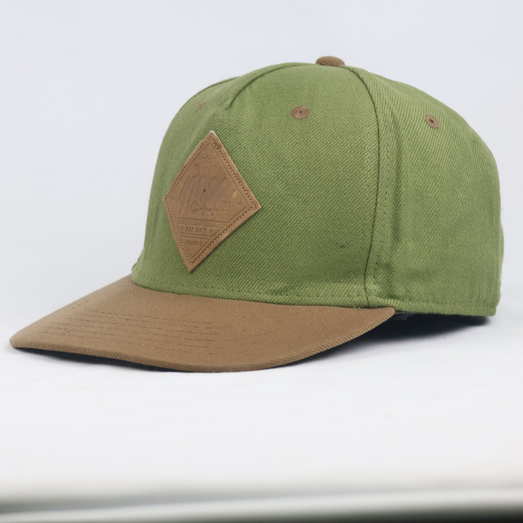 Thrifted Neff Two-Tone Olive & Brown Snapback Hat | Faux Leather Logo Cap