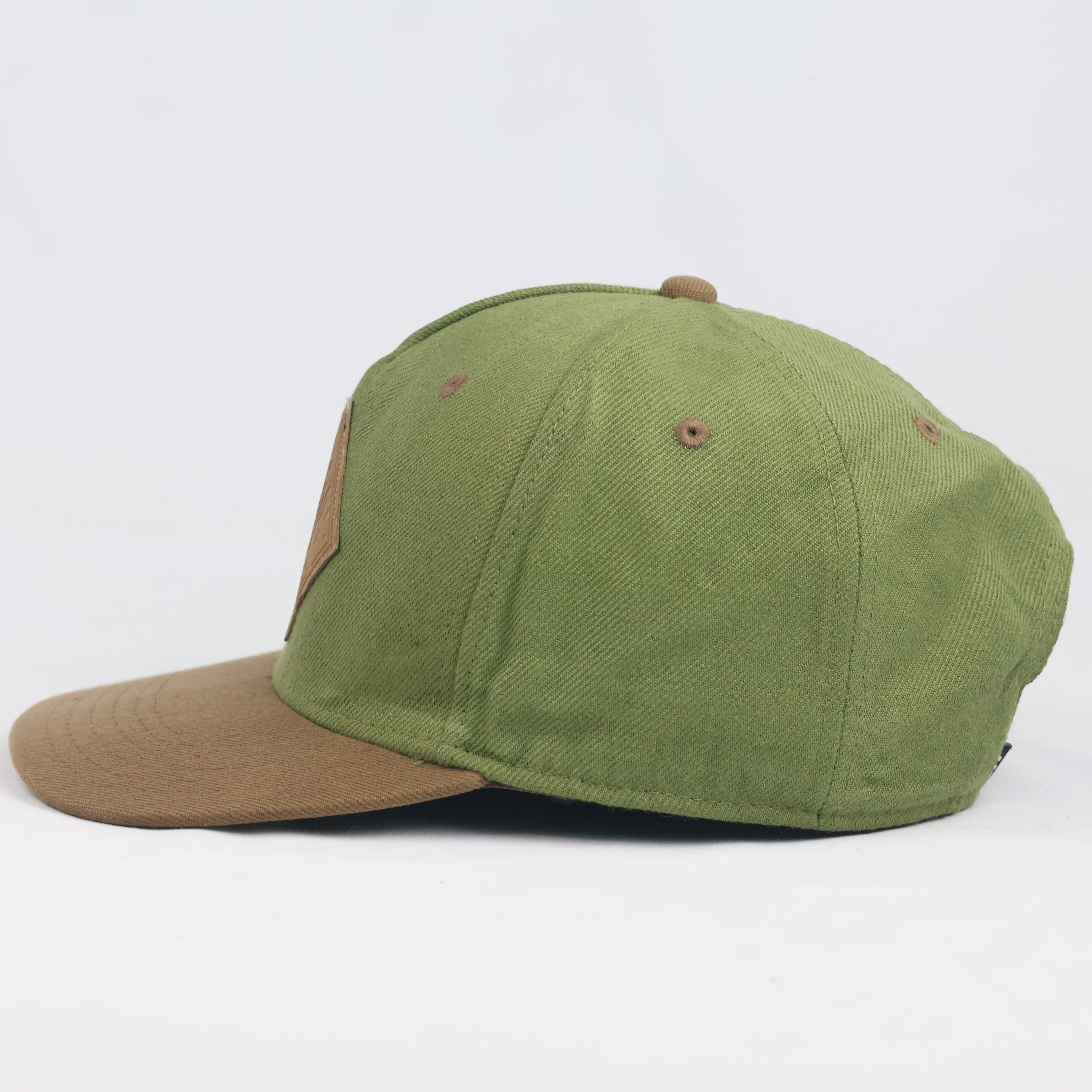 Thrifted Neff Two-Tone Olive & Brown Snapback Hat | Faux Leather Logo Cap