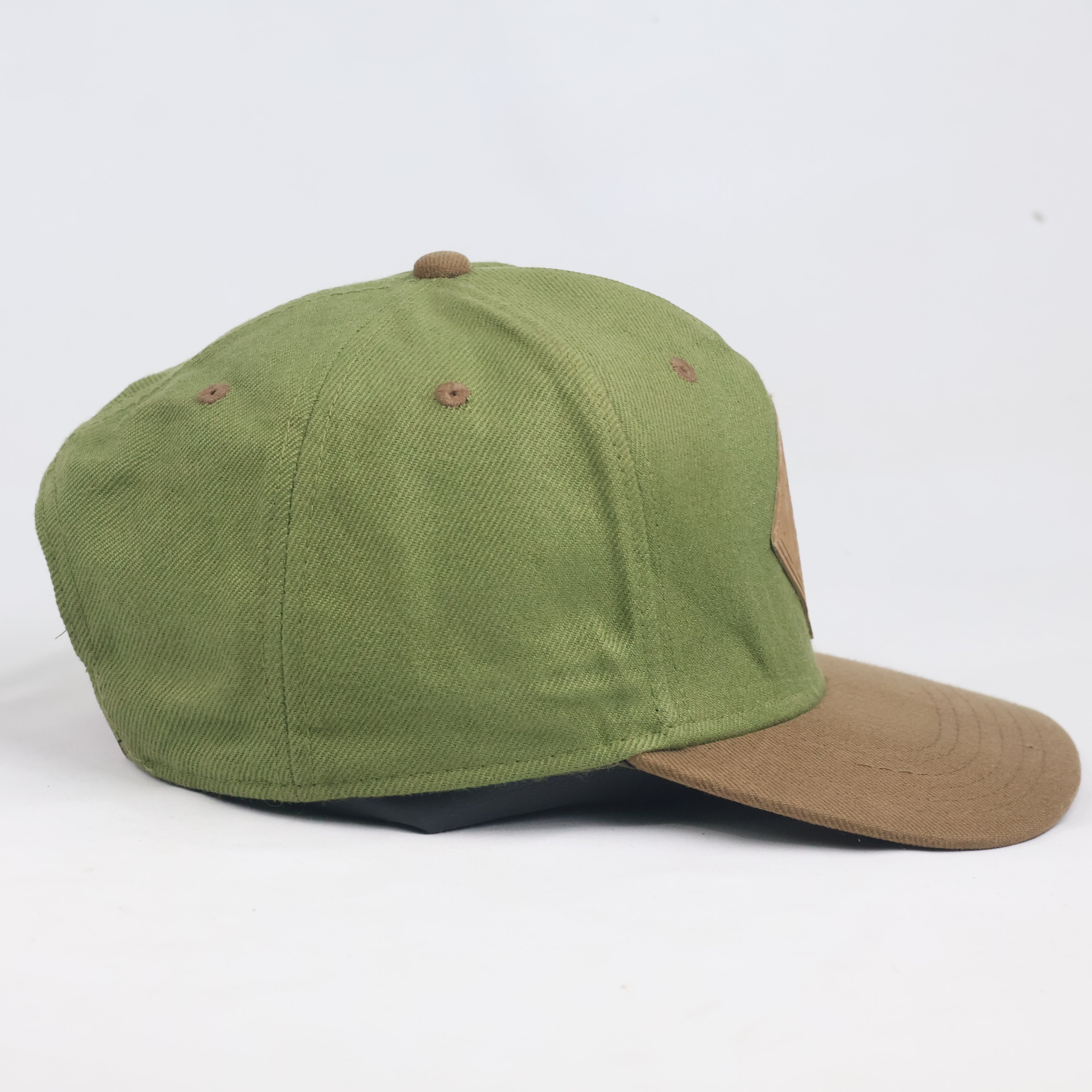 Thrifted Neff Two-Tone Olive & Brown Snapback Hat | Faux Leather Logo Cap