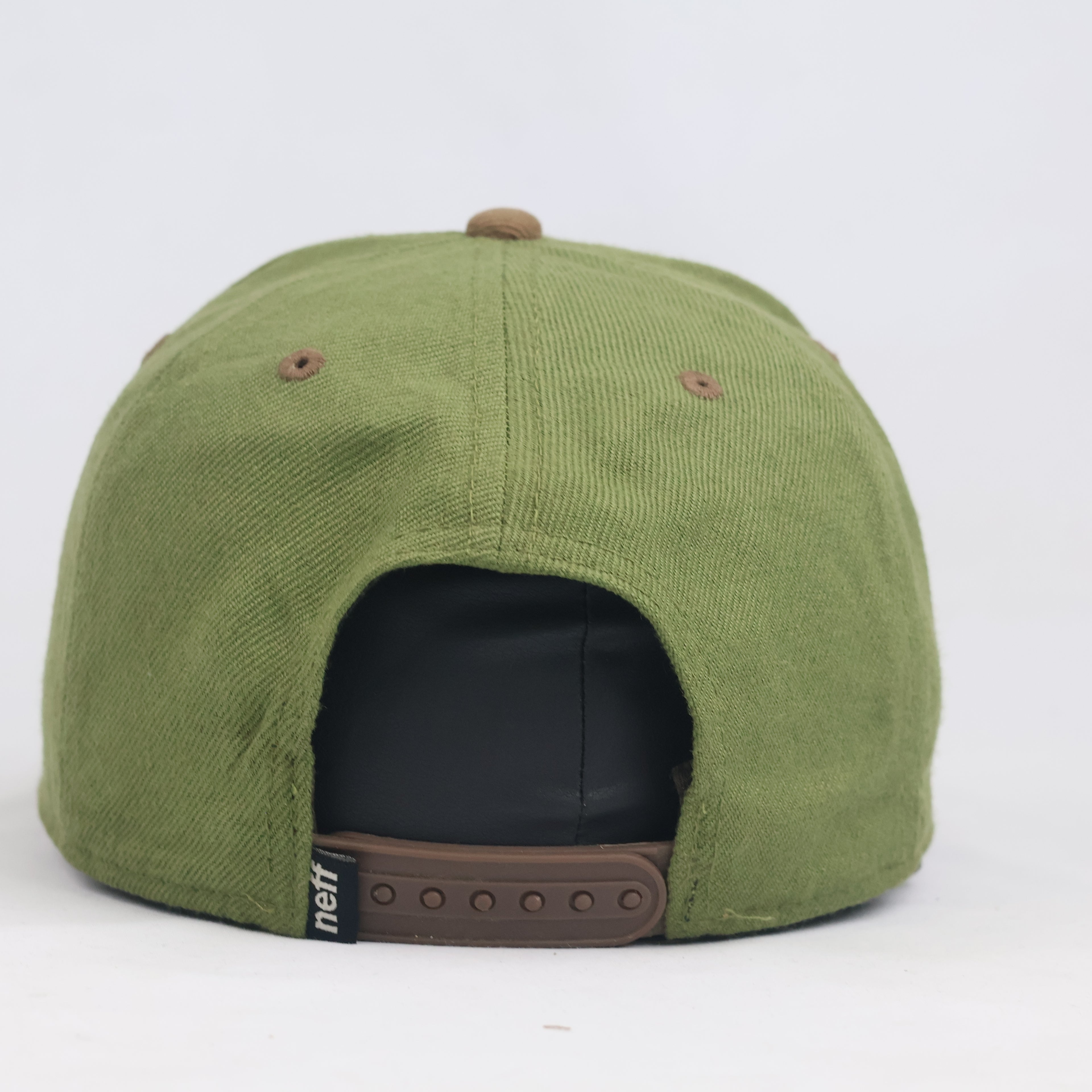 Thrifted Neff Two-Tone Olive & Brown Snapback Hat | Faux Leather Logo Cap