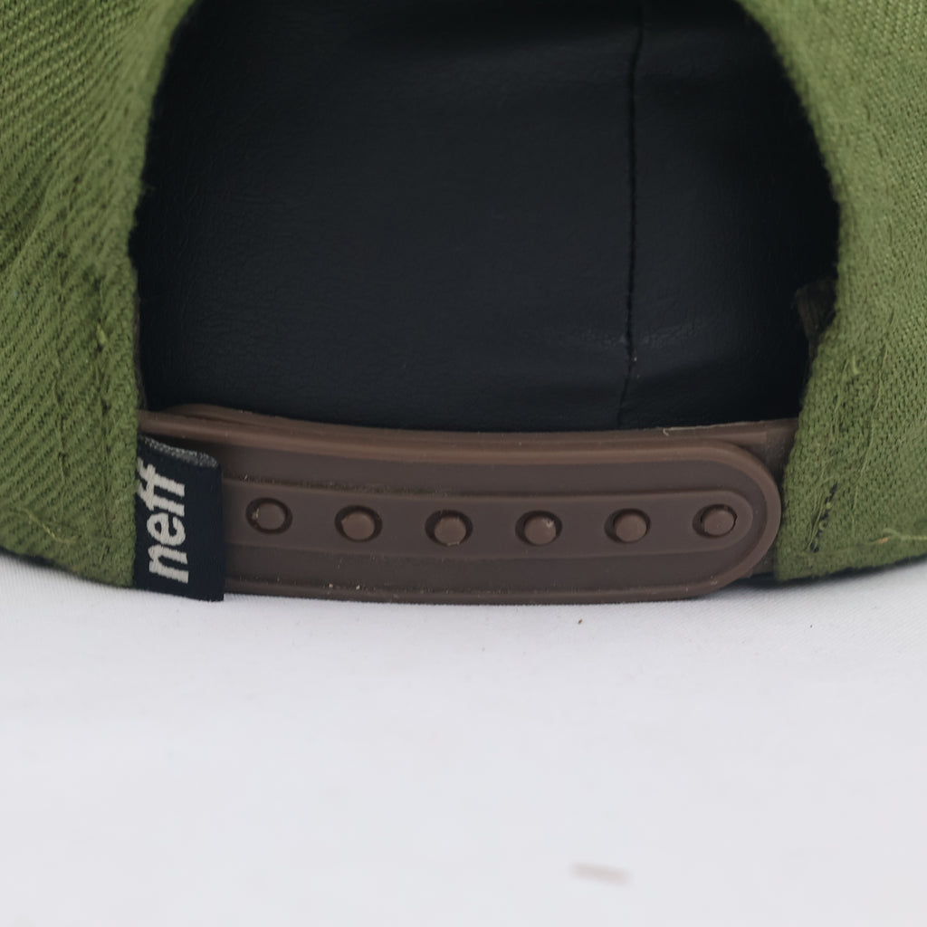 Thrifted Neff Two-Tone Olive & Brown Snapback Hat | Faux Leather Logo Cap