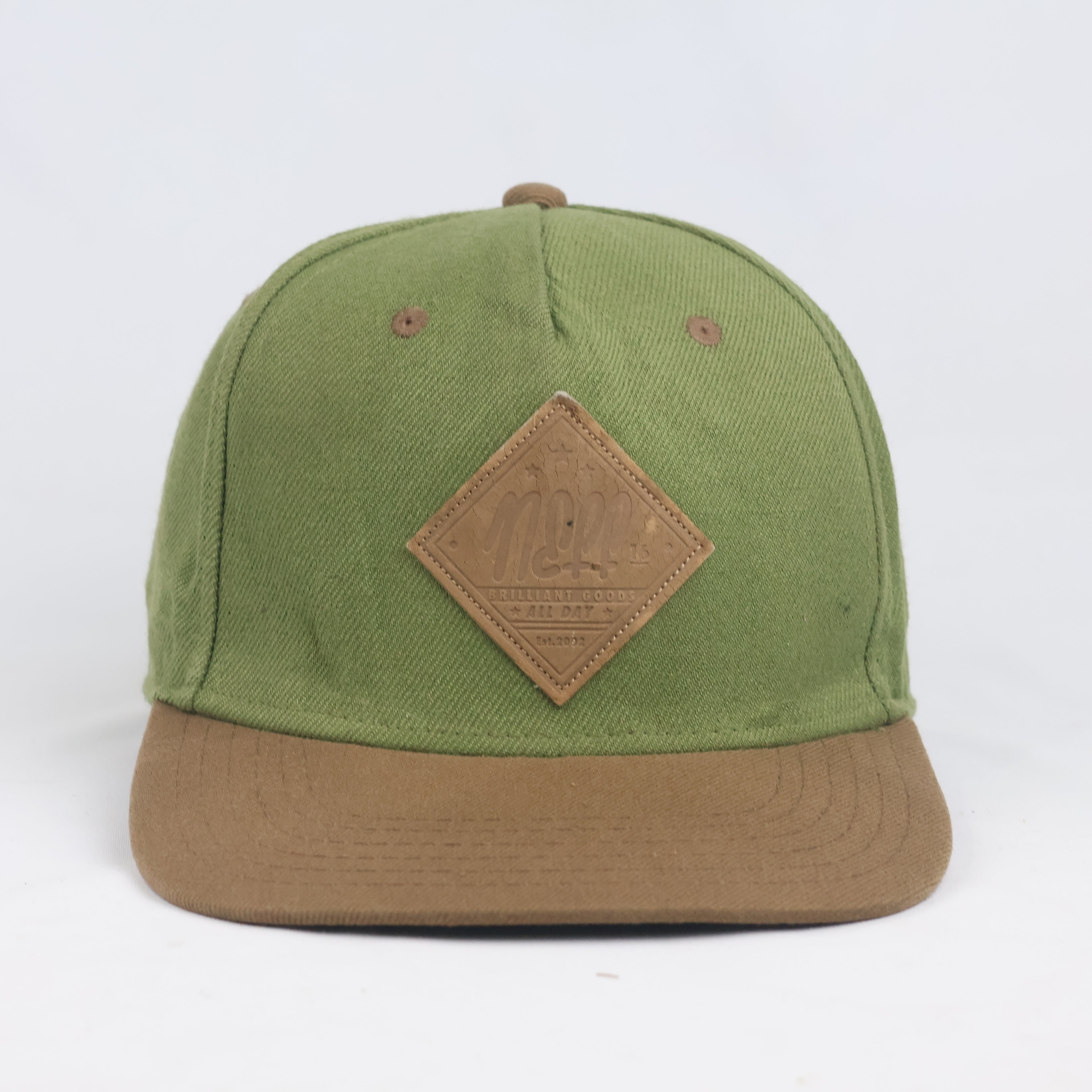 Thrifted Neff Two-Tone Olive & Brown Snapback Hat | Faux Leather Logo Cap