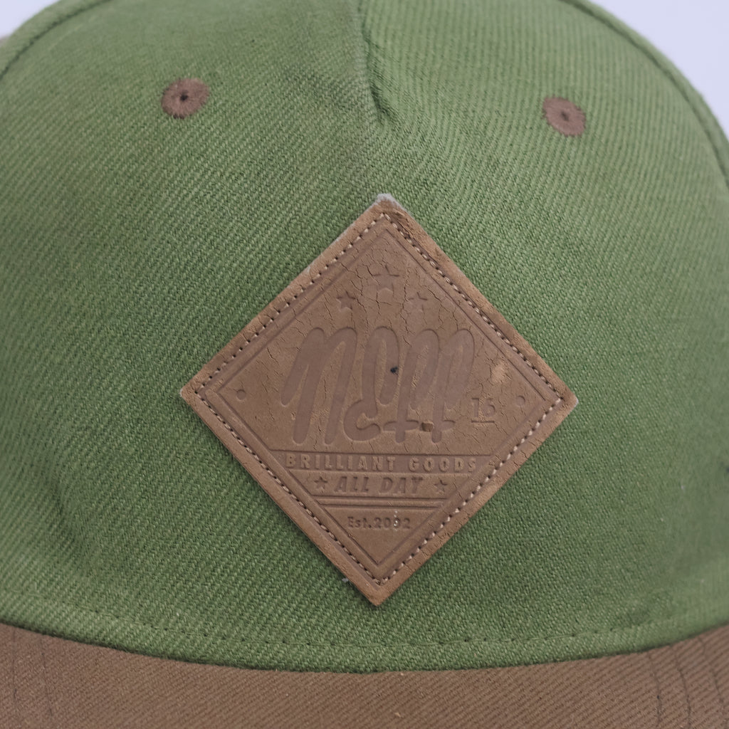 Thrifted Neff Two-Tone Olive & Brown Snapback Hat | Faux Leather Logo Cap