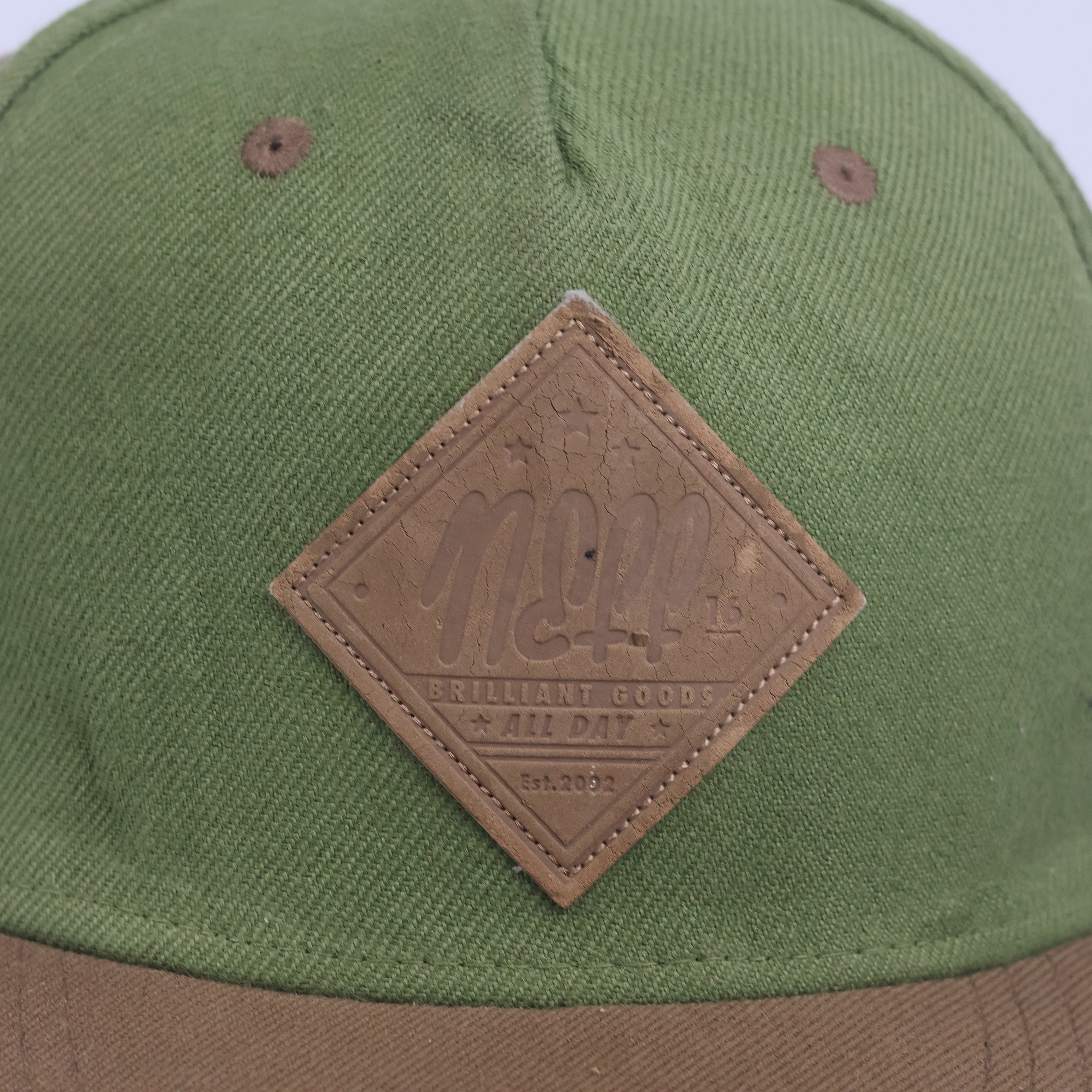 Thrifted Neff Two-Tone Olive & Brown Snapback Hat | Faux Leather Logo Cap