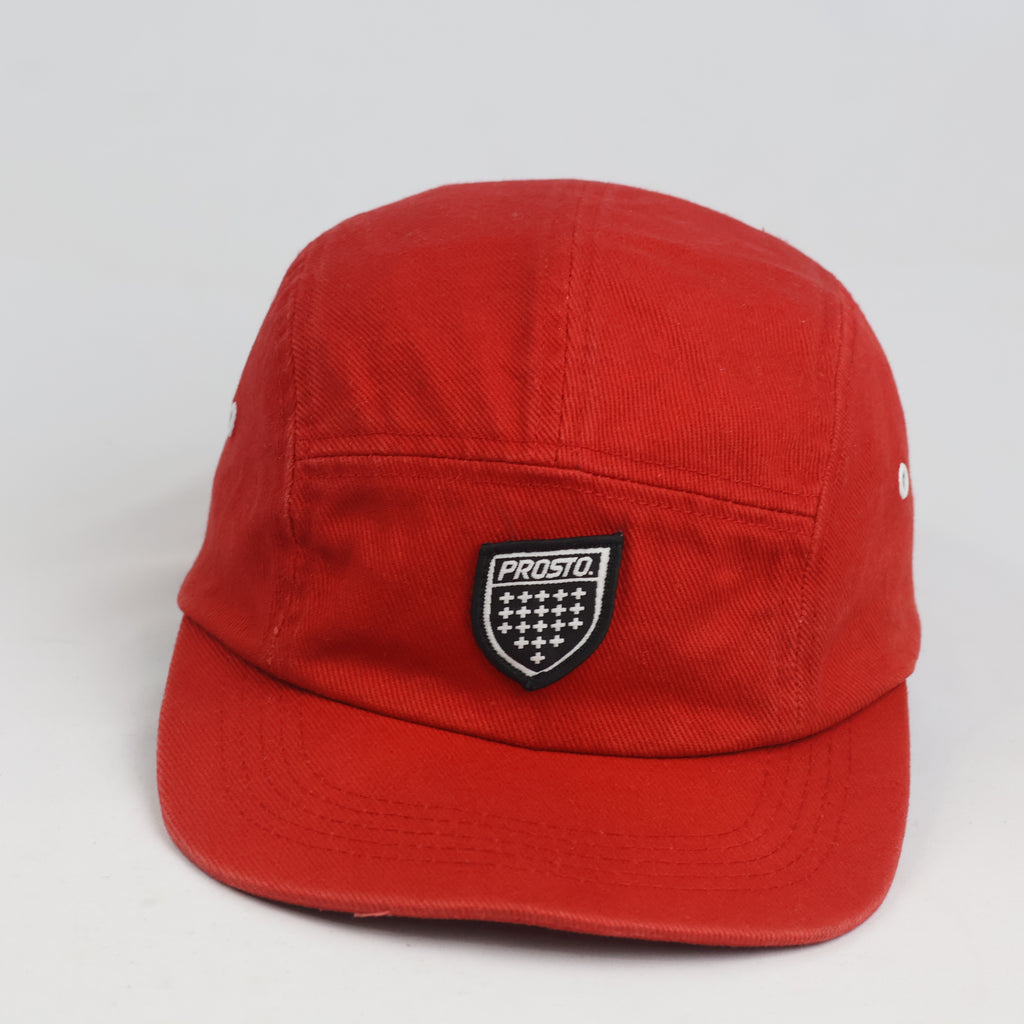 Vintage Prosto Klasyk Red 5-Panel Camp Cap | Streetwear Crest Patch Strapback