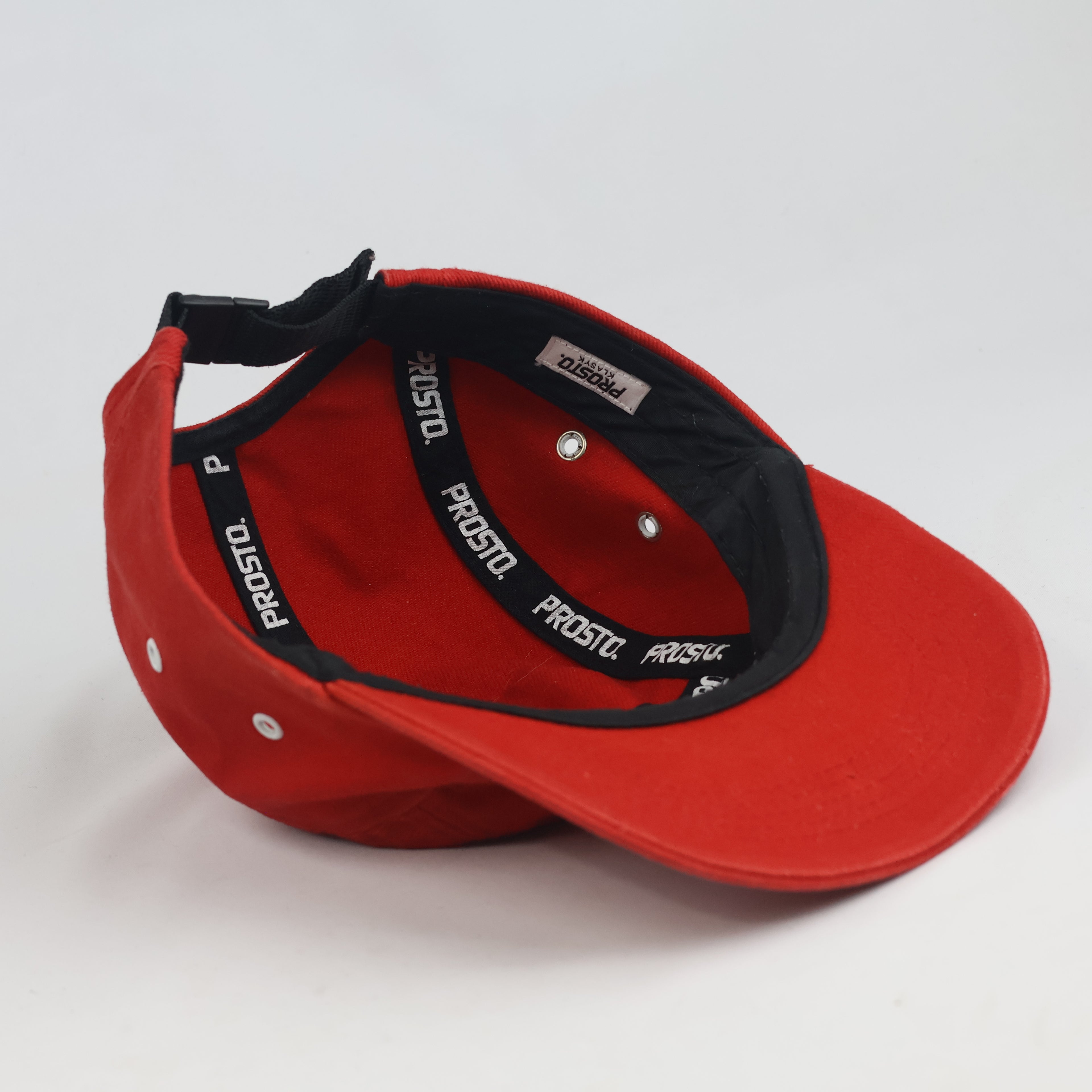 Vintage Prosto Klasyk Red 5-Panel Camp Cap | Streetwear Crest Patch Strapback