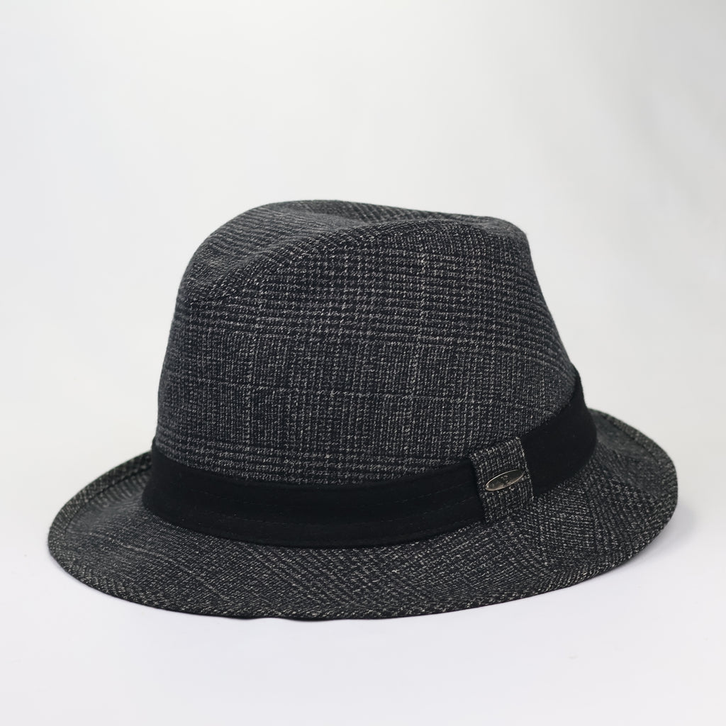 Vintage Young-P Patterned Trilby Hat - Grey & Black (57cm)