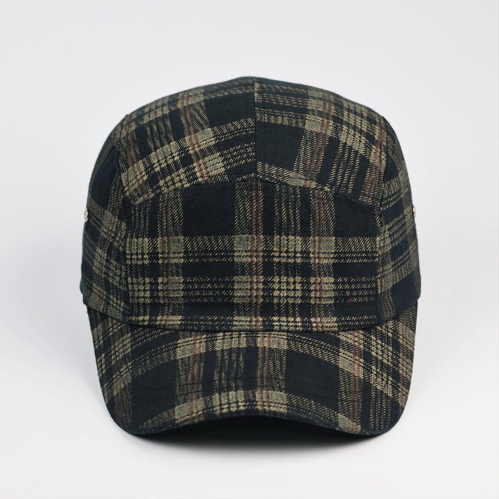 Vintage Earth-Tone Plaid 5-Panel Camper Thrifted Hat