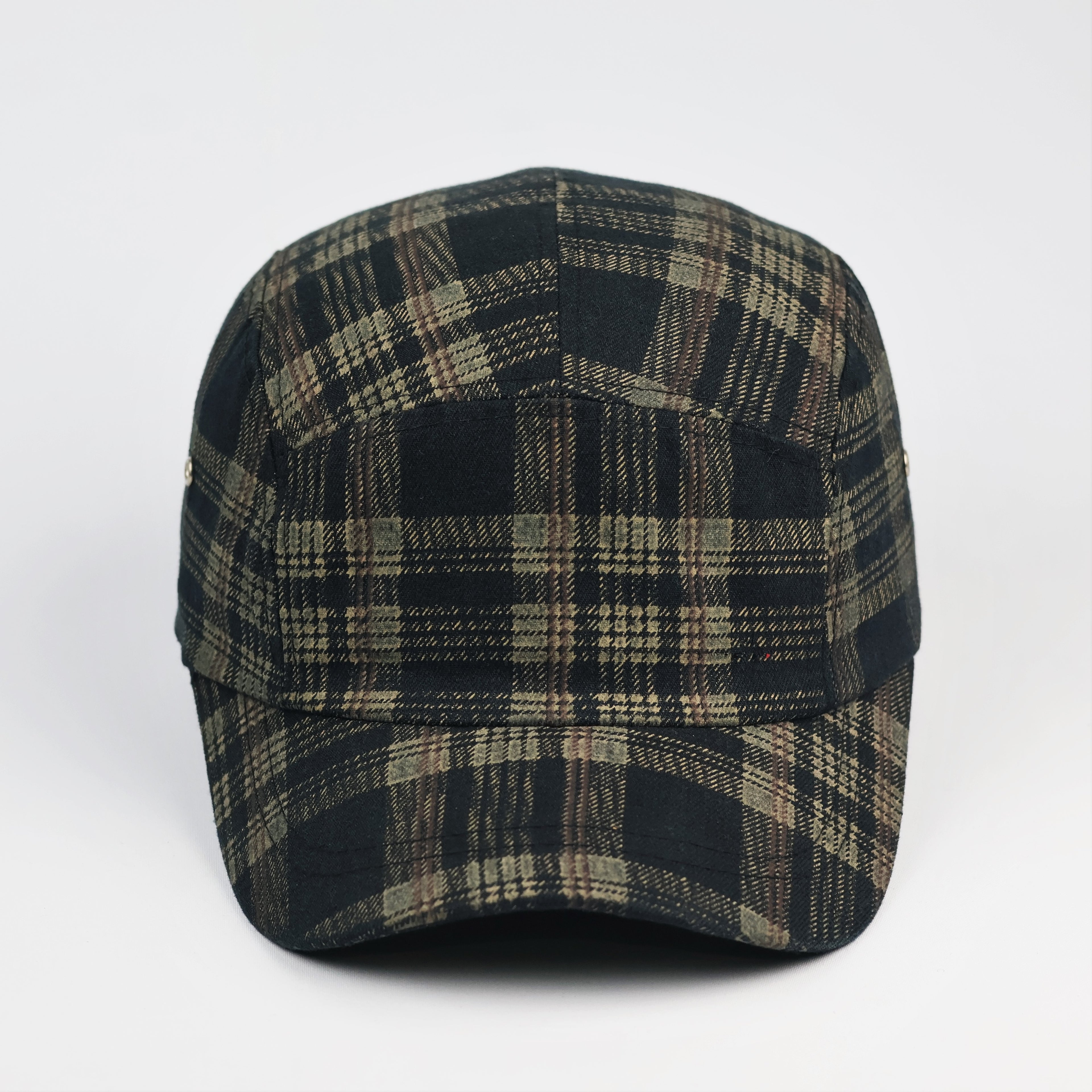 Vintage Earth-Tone Plaid 5-Panel Camper Thrifted Hat
