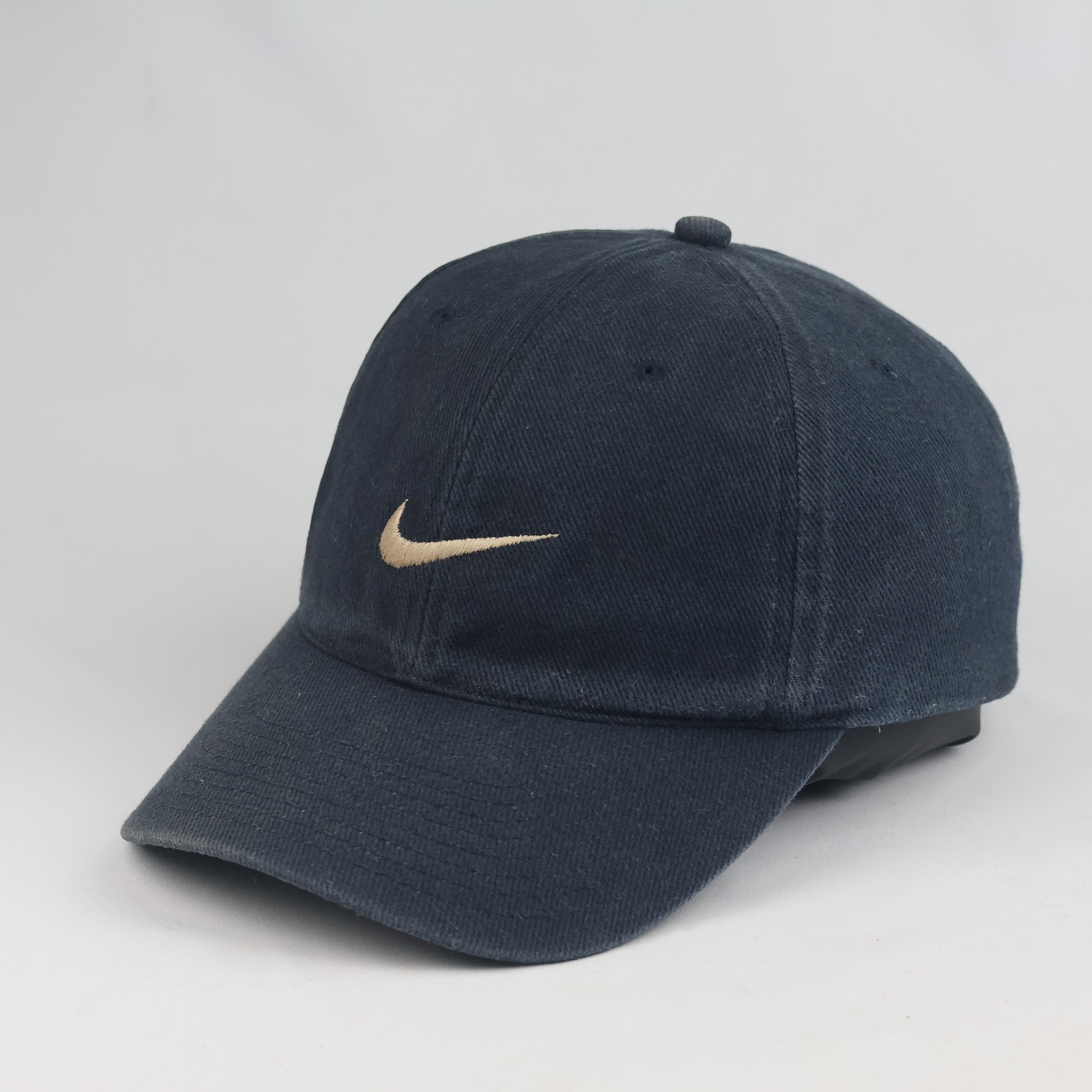 Thrifted Vintage Nike Mini Swoosh Curved Brim Cap - Navy Blue Cotton Baseball Hat