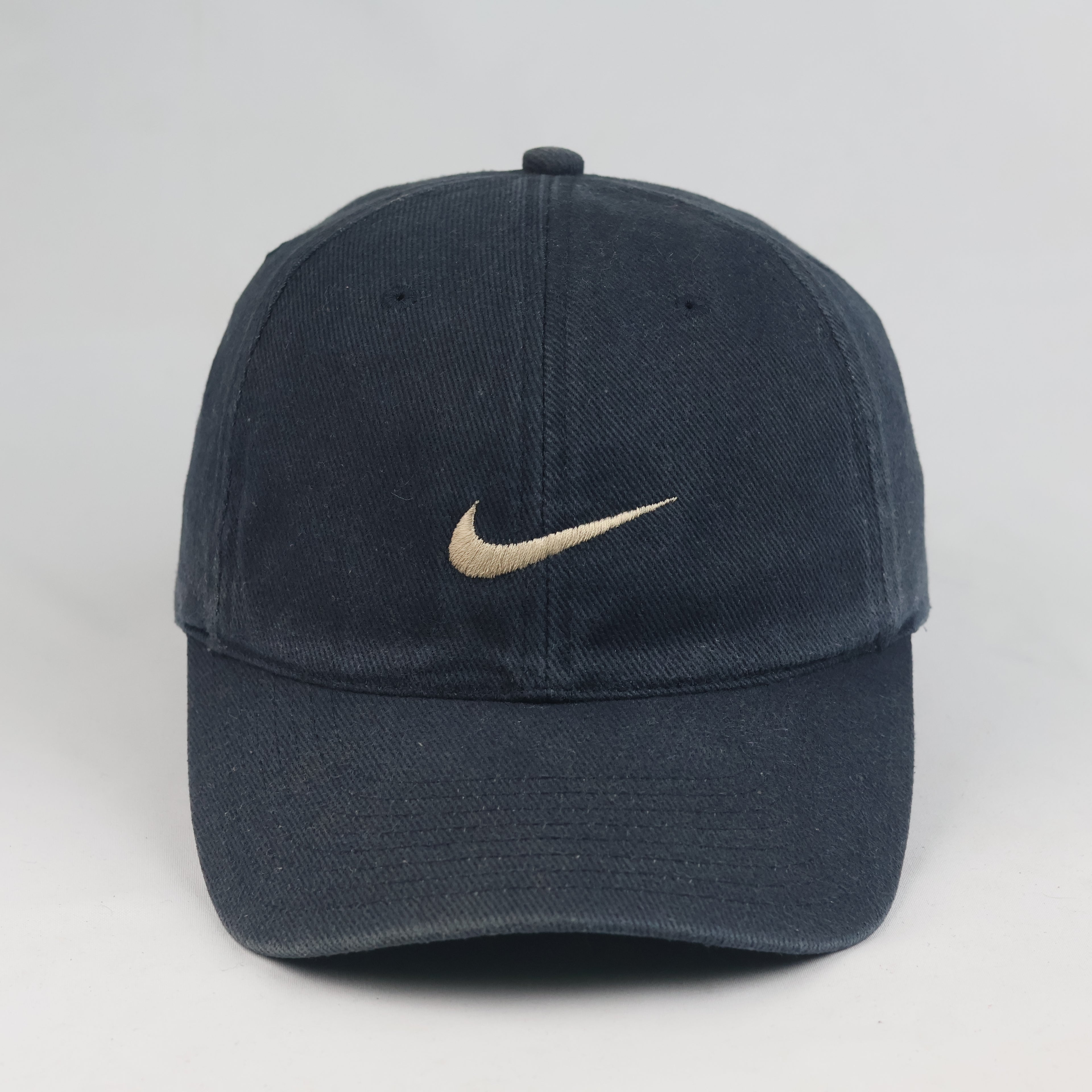 Thrifted Vintage Nike Mini Swoosh Curved Brim Cap - Navy Blue Cotton Baseball Hat