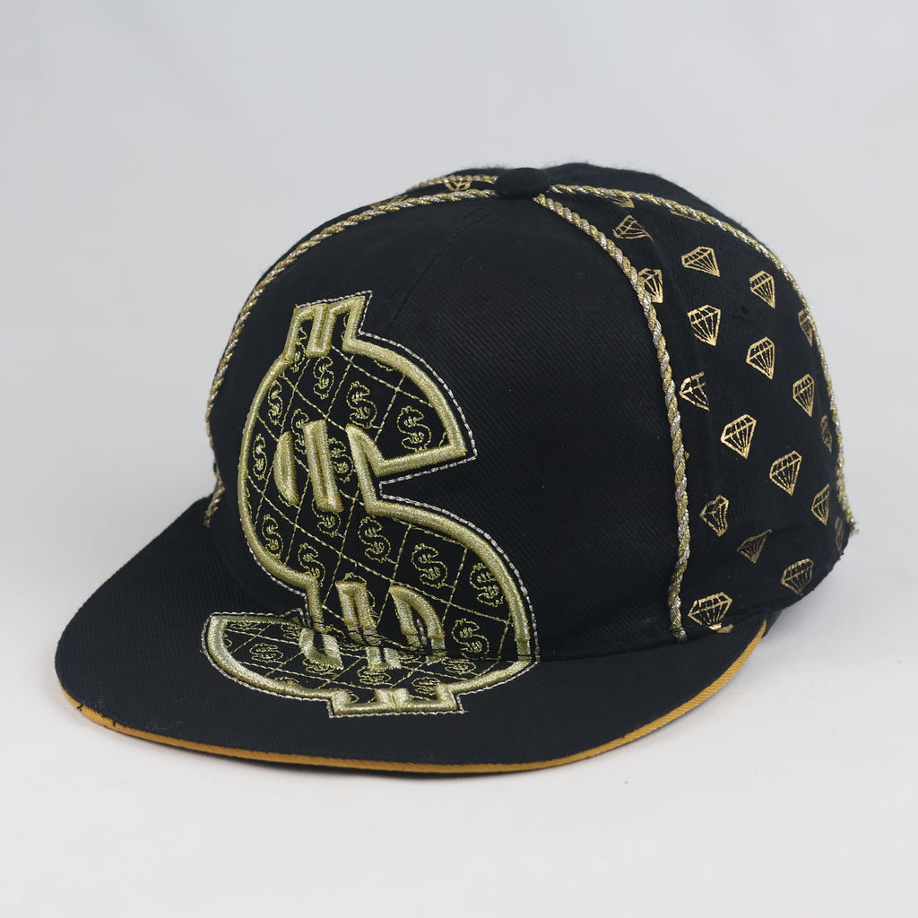 KBETHOS Dollar Sign & Diamond Fitted Cap - Black Metallic Gold Hip Hop Hat