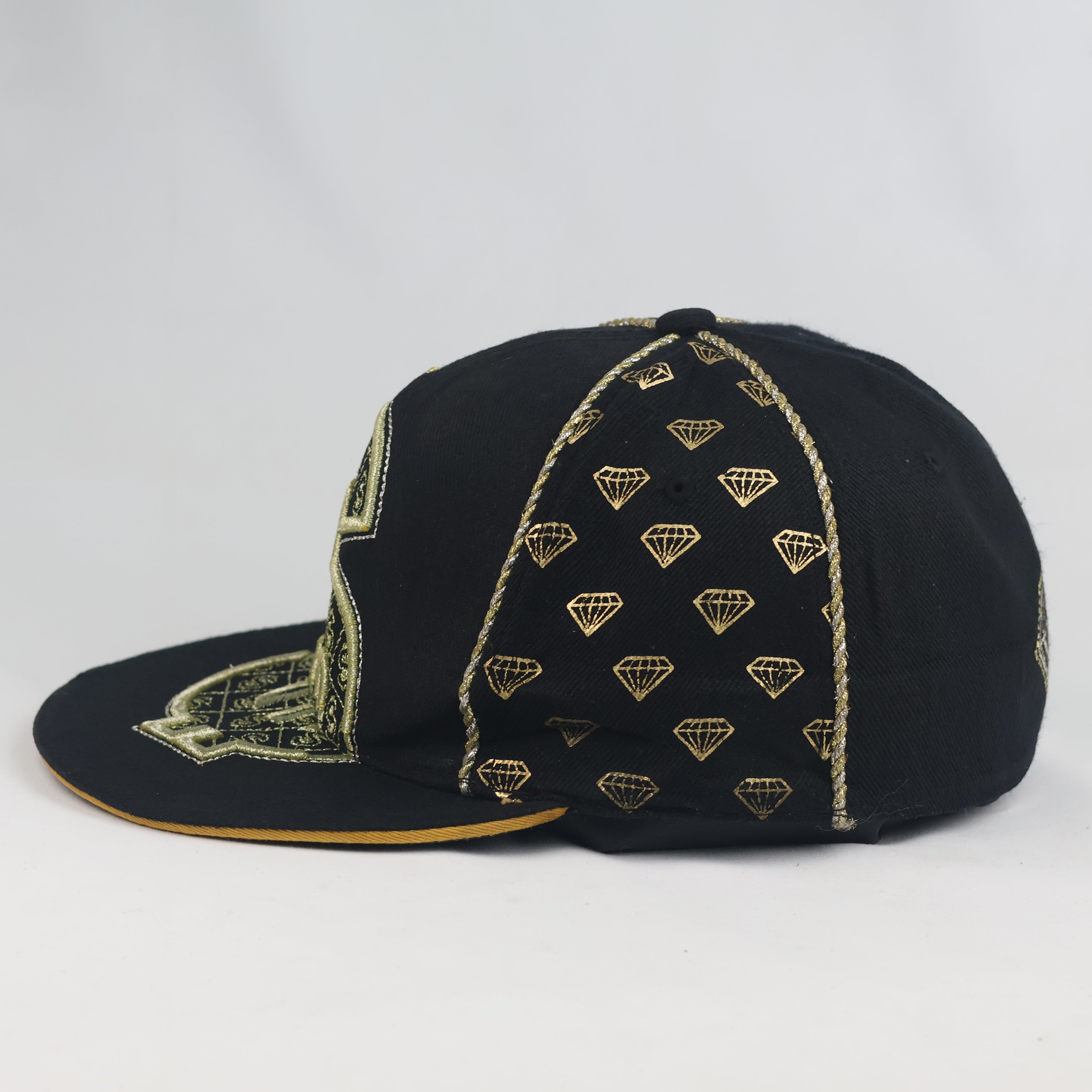 KBETHOS Dollar Sign & Diamond Fitted Cap - Black Metallic Gold Hip Hop Hat