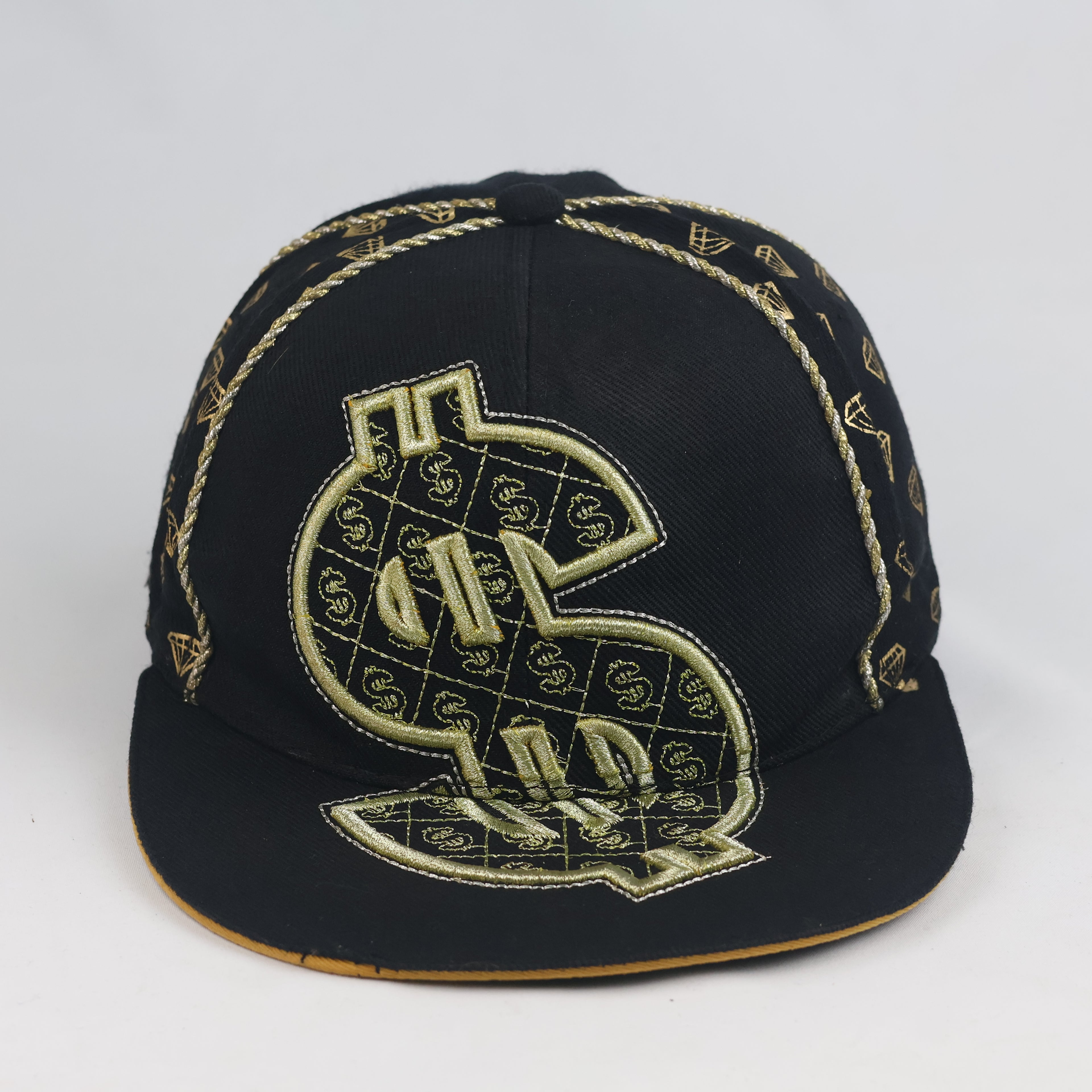 KBETHOS Dollar Sign & Diamond Fitted Cap - Black Metallic Gold Hip Hop Hat
