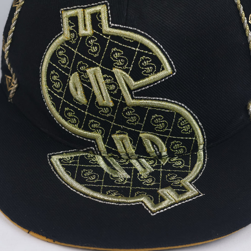 KBETHOS Dollar Sign & Diamond Fitted Cap - Black Metallic Gold Hip Hop Hat