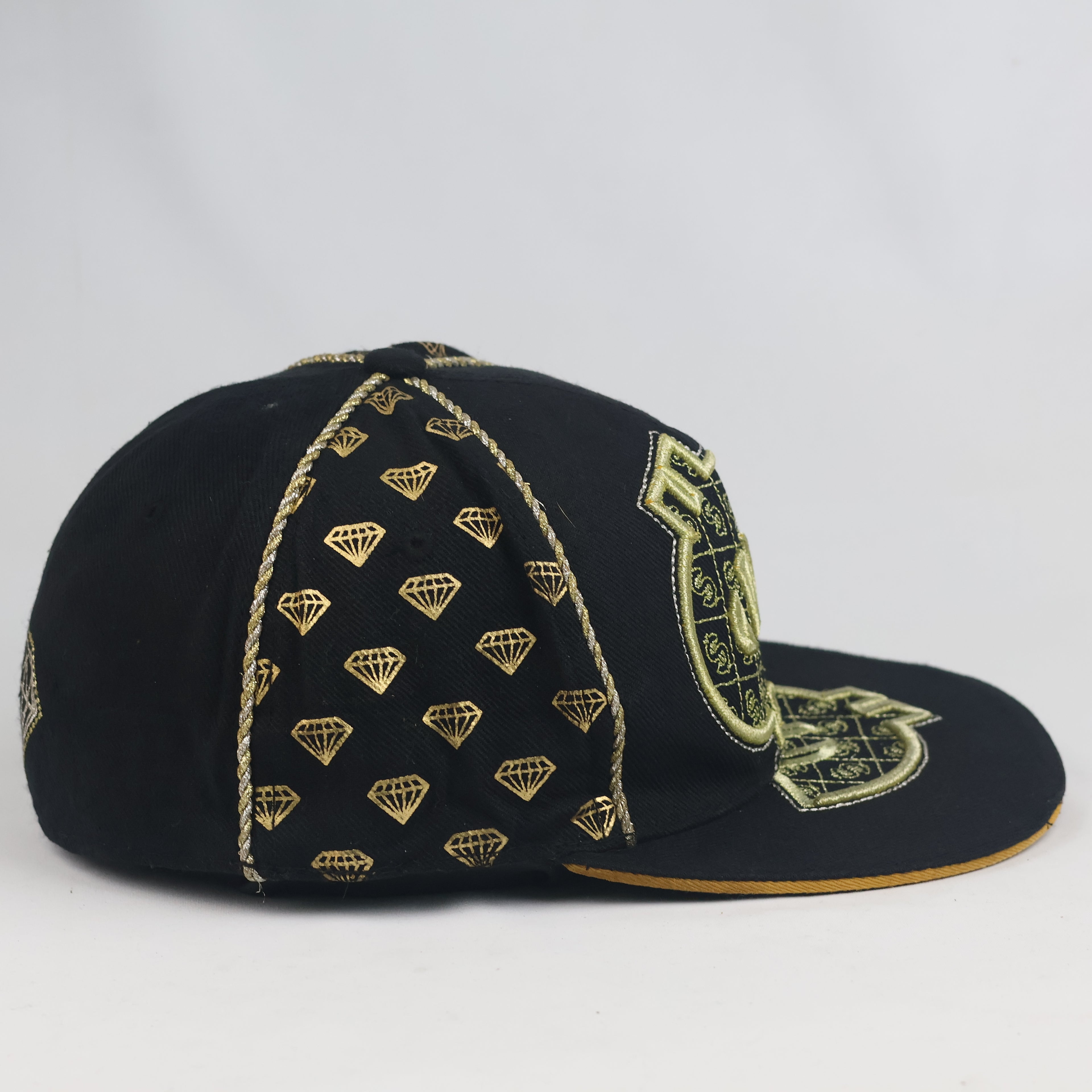 KBETHOS Dollar Sign & Diamond Fitted Cap - Black Metallic Gold Hip Hop Hat