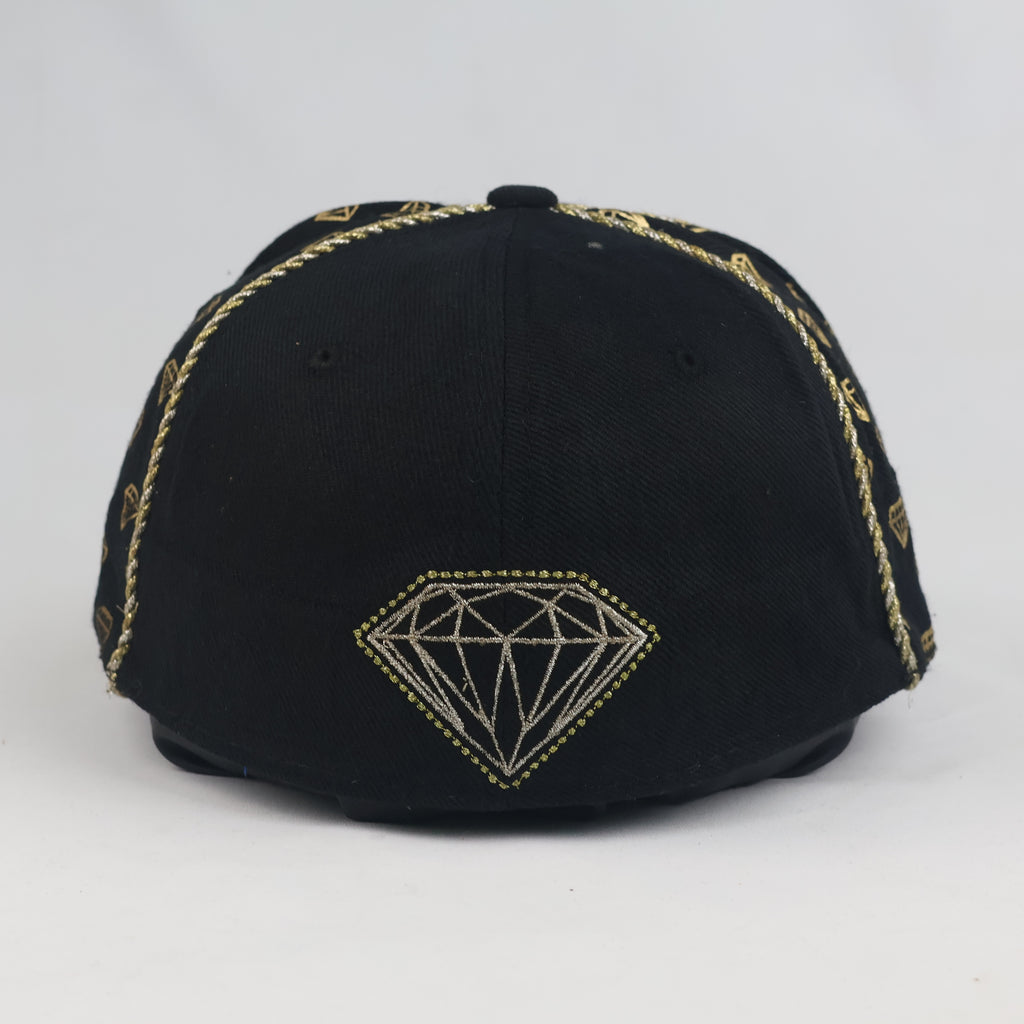 KBETHOS Dollar Sign & Diamond Fitted Cap - Black Metallic Gold Hip Hop Hat