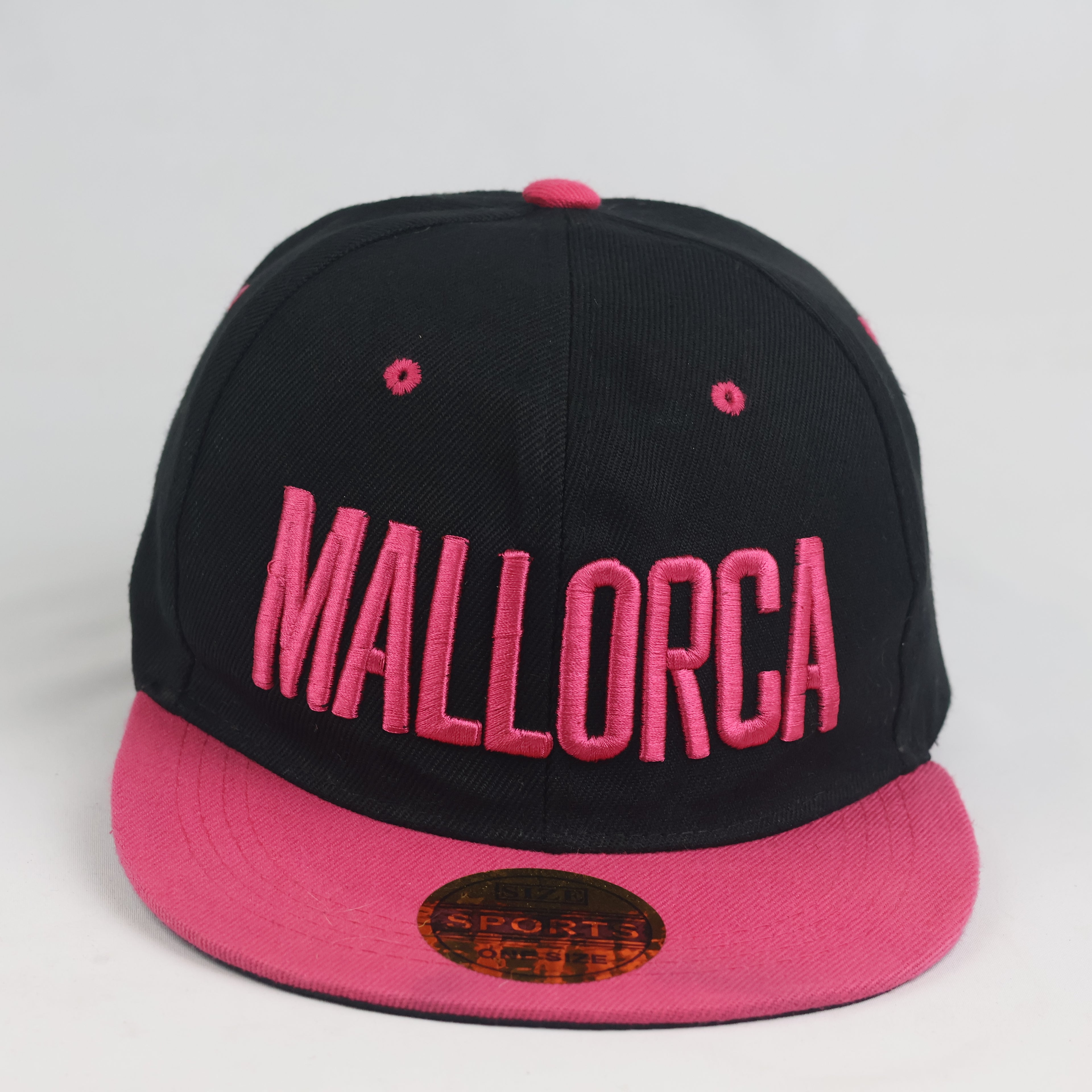Mallorca Embroidered Flat Brim Snapback Cap - Black & Hot Pink Two-Tone Hat