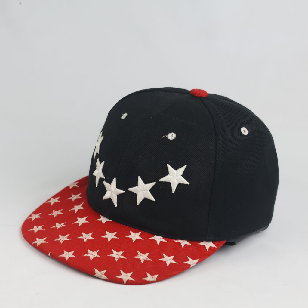 Streetwear Embroidered Star Snapback Cap - Black Crown with All-Over Printed Red Visor