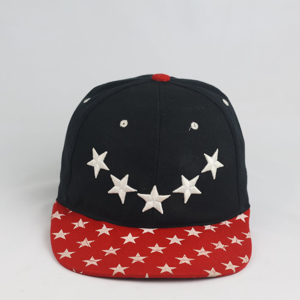 Streetwear Embroidered Star Snapback Cap - Black Crown with All-Over Printed Red Visor