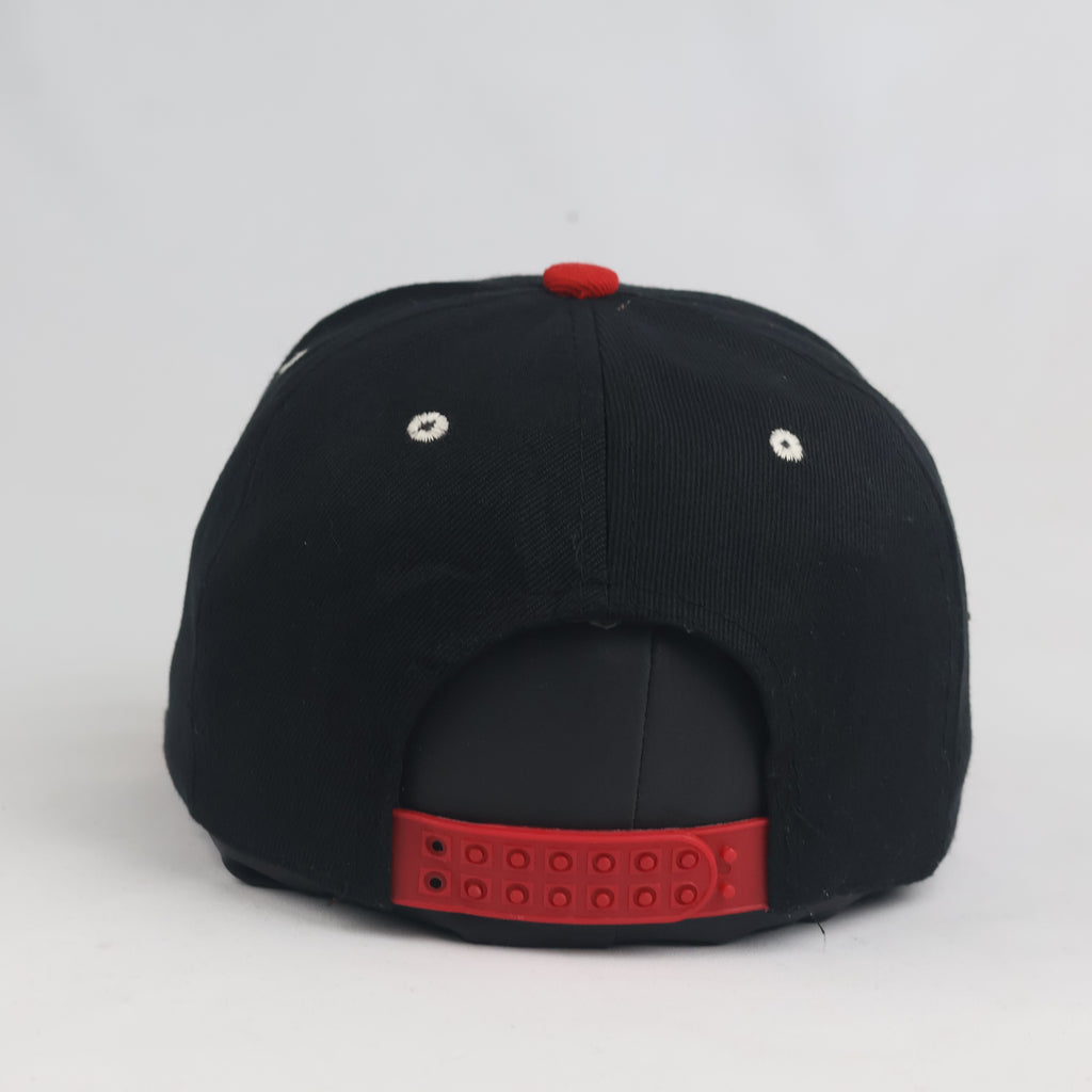 Streetwear Embroidered Star Snapback Cap - Black Crown with All-Over Printed Red Visor